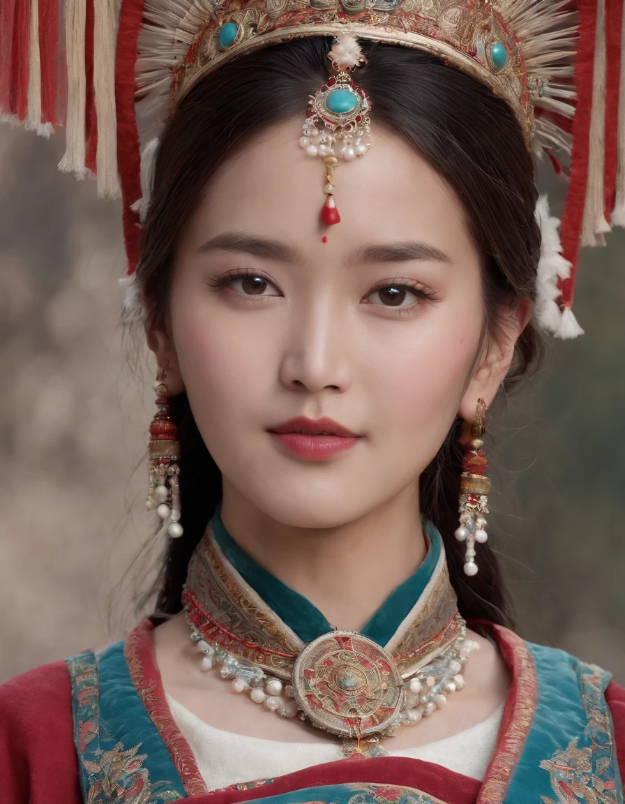 (masterpiece,best qualtiy,realisticlying:1.37),(Complex and sophisticated,Highly detailed skin and face),(1girl),standing on your feet,a beauty girl,Tibetan clothing,Colorful costumes, Fleece collar, Padded collar,High-end Tibetan clothing,Cumbersome Tibetan costume design,Warm clothing,Winter clothing,Appearance Yang Chaoran,Rounded face shape,Gorgeous Tibetan costumes,Cumbersome Tibetan necklace,Cumbersome Tibetan headdress,Colored headband,cinematic pastel lighting,8k wallpaper,Solidarity,art stations (medium close-up)
