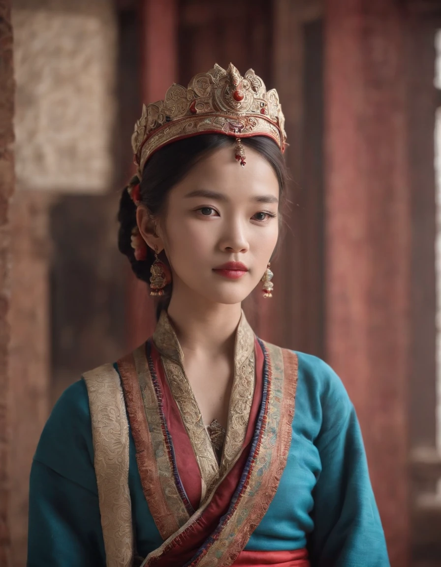 (masterpiece,best qualtiy,realisticlying:1.37),(Complex and sophisticated,Highly detailed skin and face),(1girl),standing on your feet,a beauty girl,Tibetan clothing,Colorful costumes, Fleece collar, Padded collar,High-end Tibetan clothing,Cumbersome Tibetan costume design,Warm clothing,Winter clothing,Appearance Yang Chaoran,Rounded face shape,Gorgeous Tibetan costumes,Cumbersome Tibetan necklace,Cumbersome Tibetan headdress,Colored headband,cinematic pastel lighting,8k wallpaper,Solidarity,art stations (medium close-up)