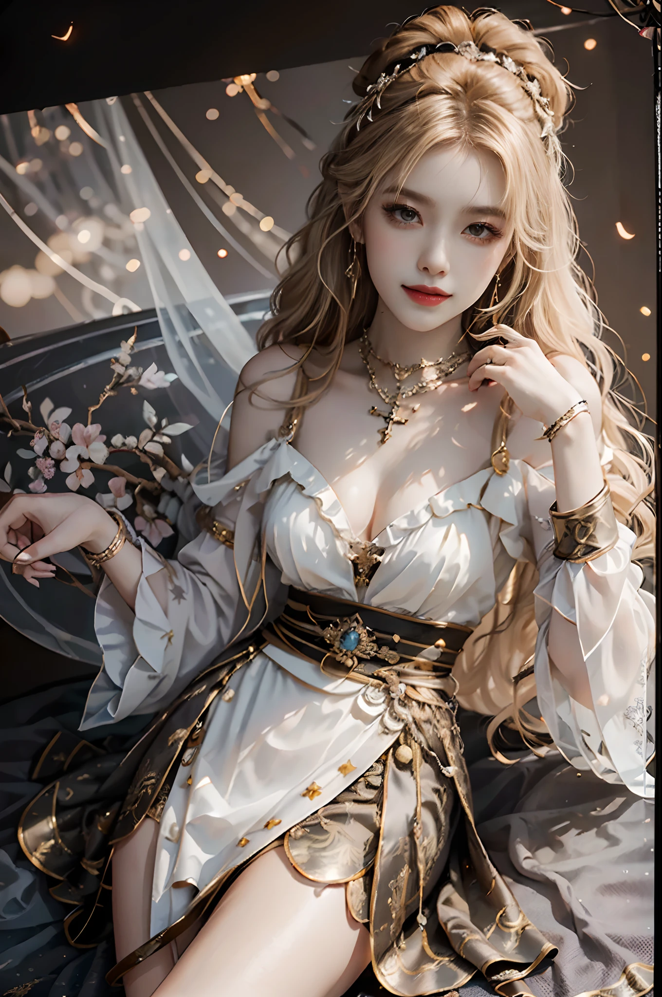 ((upper body)), ((realistic)), ((from above)), (Close up), 1 Asian female model, A young girl, the night, starrysky, (In the gazebo, Sit Pose, Cross ed leg, leaning against pillars), pretty pose, Eye-catching poses, Detailed scenes, Coiled hair, Hairpins, Beautiful hair accessories, Brownish-yellow hair, light make-up, Blushlush, Gloss on lips, pretty legs, ((period costume, high-waist, Nice belt, high-heels)), ((warm lights, a warm color palette)), (Extremely high color saturation), Detailed details, ultra-detailliert, (tmasterpiece, best qualtiy), (An extremely delicate and beautiful work), Delicate earrings, Delicate necklace, Simple blurred background, Extreme detail description, Ultra-fine painting, Delicate face, slim toned body, Slimming the waist, ssmile, (anatomy correct)