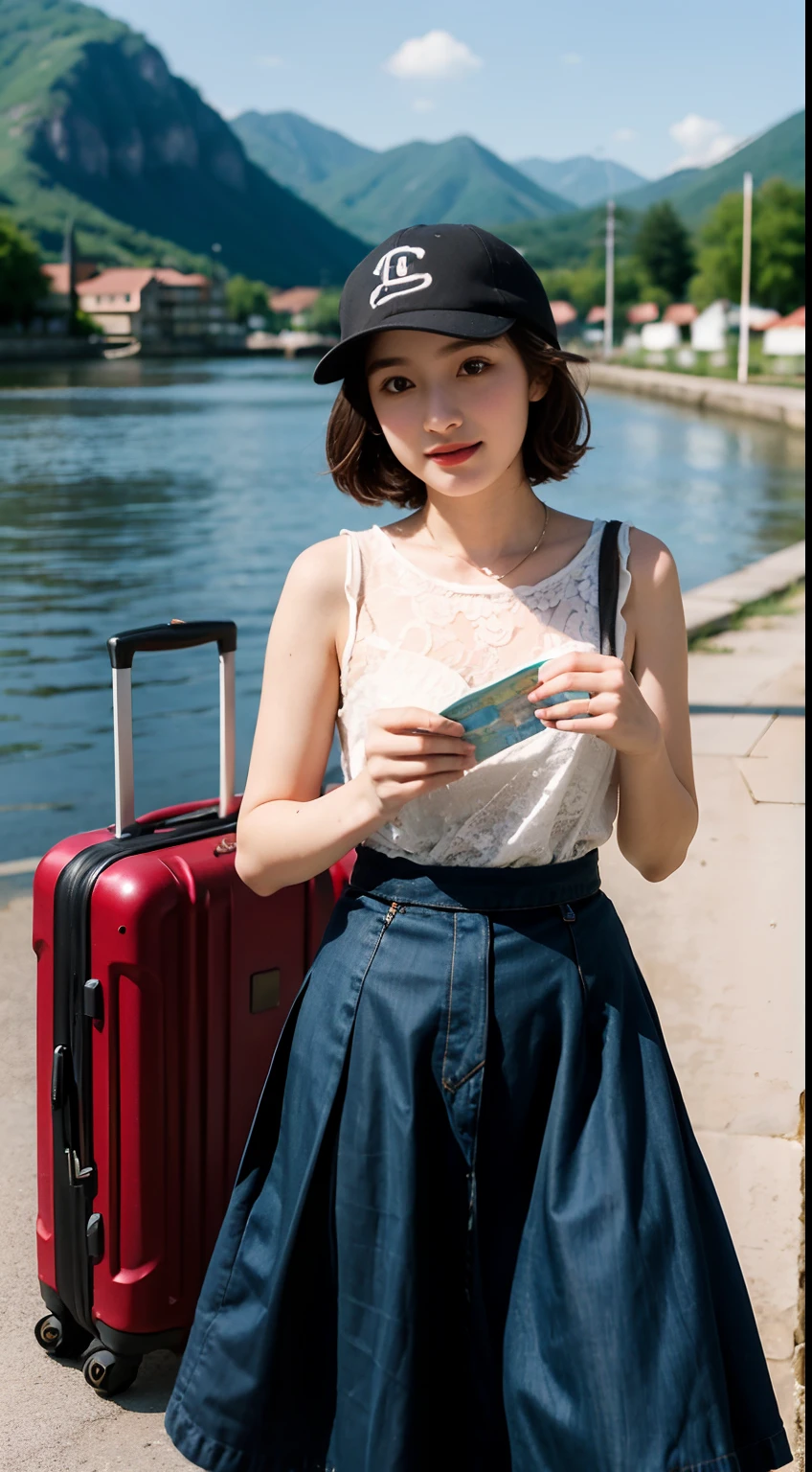 teens girl,photographers,gentle and cute,short detailed hair,(Carry-on baggage),aerodrome,long skirt,Travel caps,Tourist map in hand