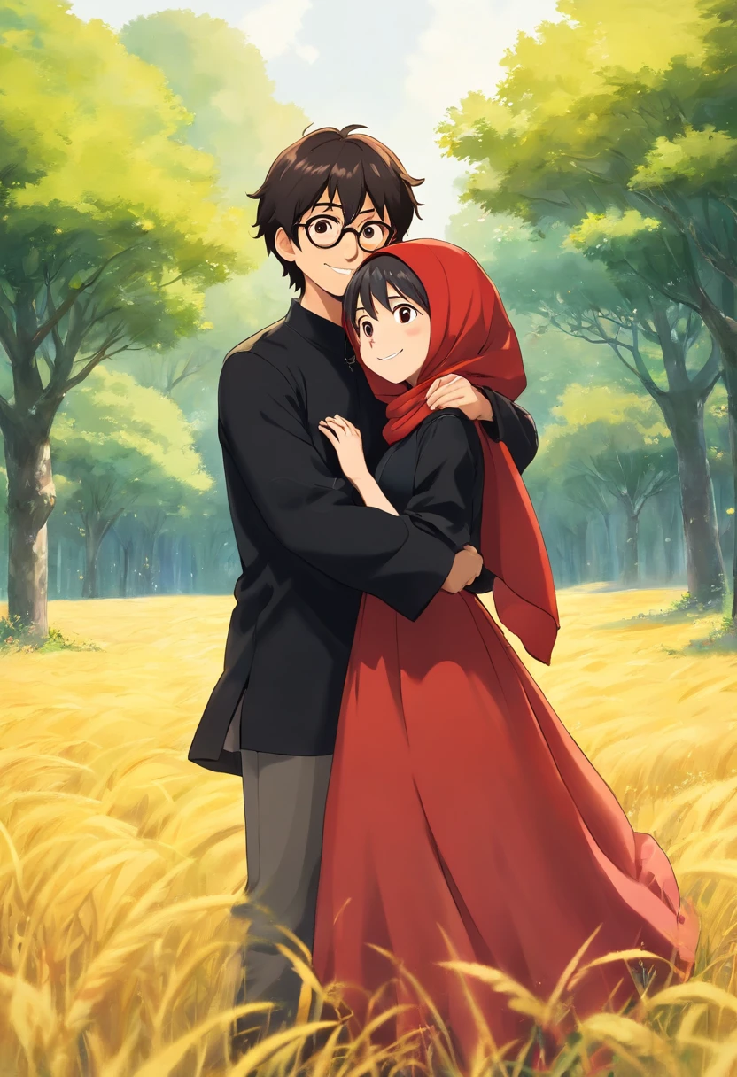 1girl and 1 boy, both 25 years old, light smile, shiny skin, the girl is wearing a beautiful red and black gown and hijab and the the boy is wearing black shirt and glasses in eyes, best quality, masterpiece, ball dancing in a musterd field holding hands (photorealistic:1.4)