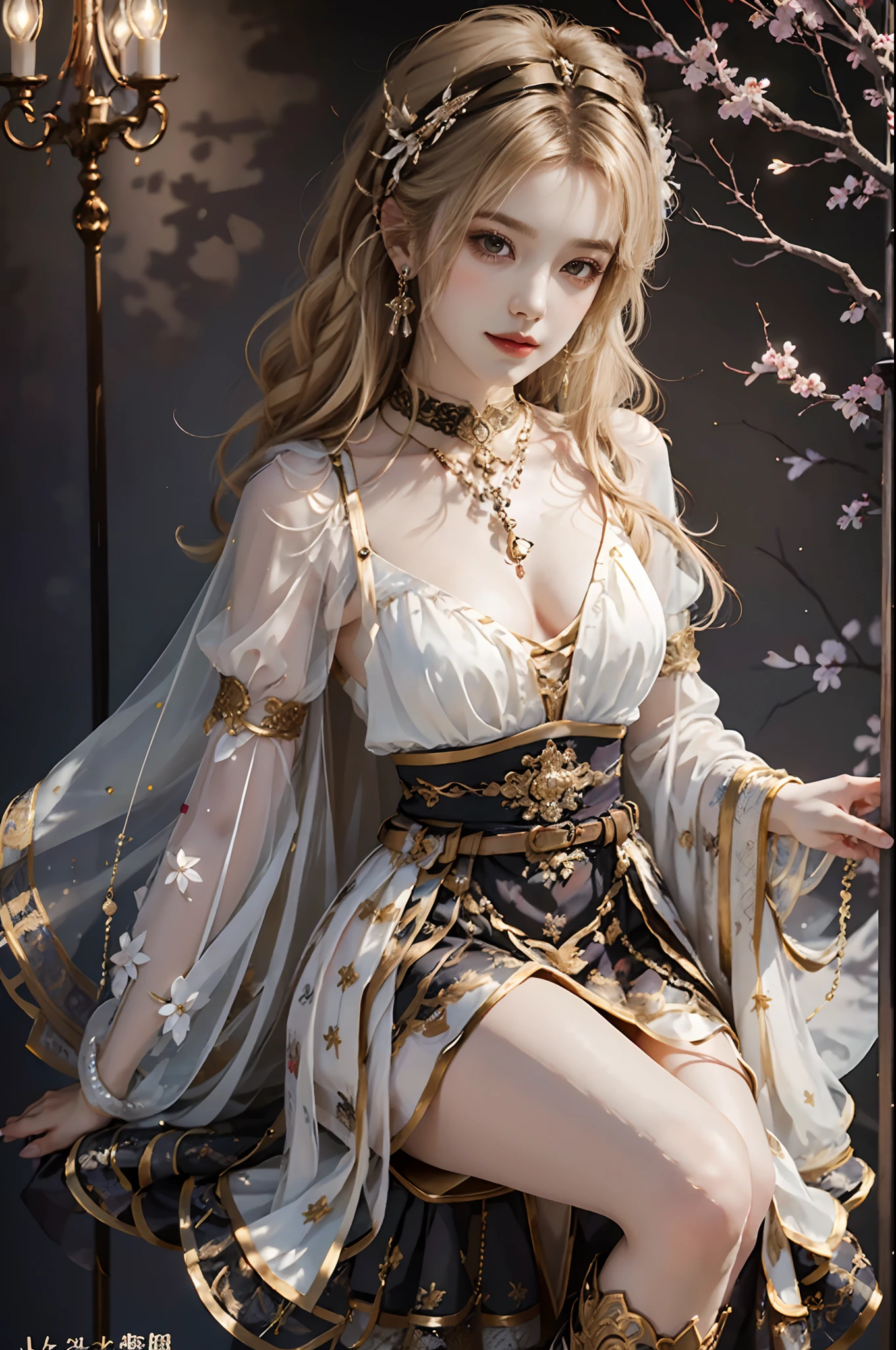 ((upper body)), ((realistic)), ((from above)), (Close up), 1 Asian female model, A young girl, the night, starrysky, (In the gazebo, Sit Pose, Cross ed leg, leaning against pillars), pretty pose, Eye-catching poses, Detailed scenes, Coiled hair, Hairpins, Beautiful hair accessories, Brownish-yellow hair, light make-up, Blushlush, Gloss on lips, pretty legs, ((period costume, high-waist, Nice belt, high-heels)), ((warm lights, a warm color palette)), (Extremely high color saturation), Detailed details, ultra-detailliert, (tmasterpiece, best qualtiy), (An extremely delicate and beautiful work), Delicate earrings, Delicate necklace, Simple blurred background, Extreme detail description, Ultra-fine painting, Delicate face, slim toned body, Slimming the waist, ssmile, (anatomy correct)