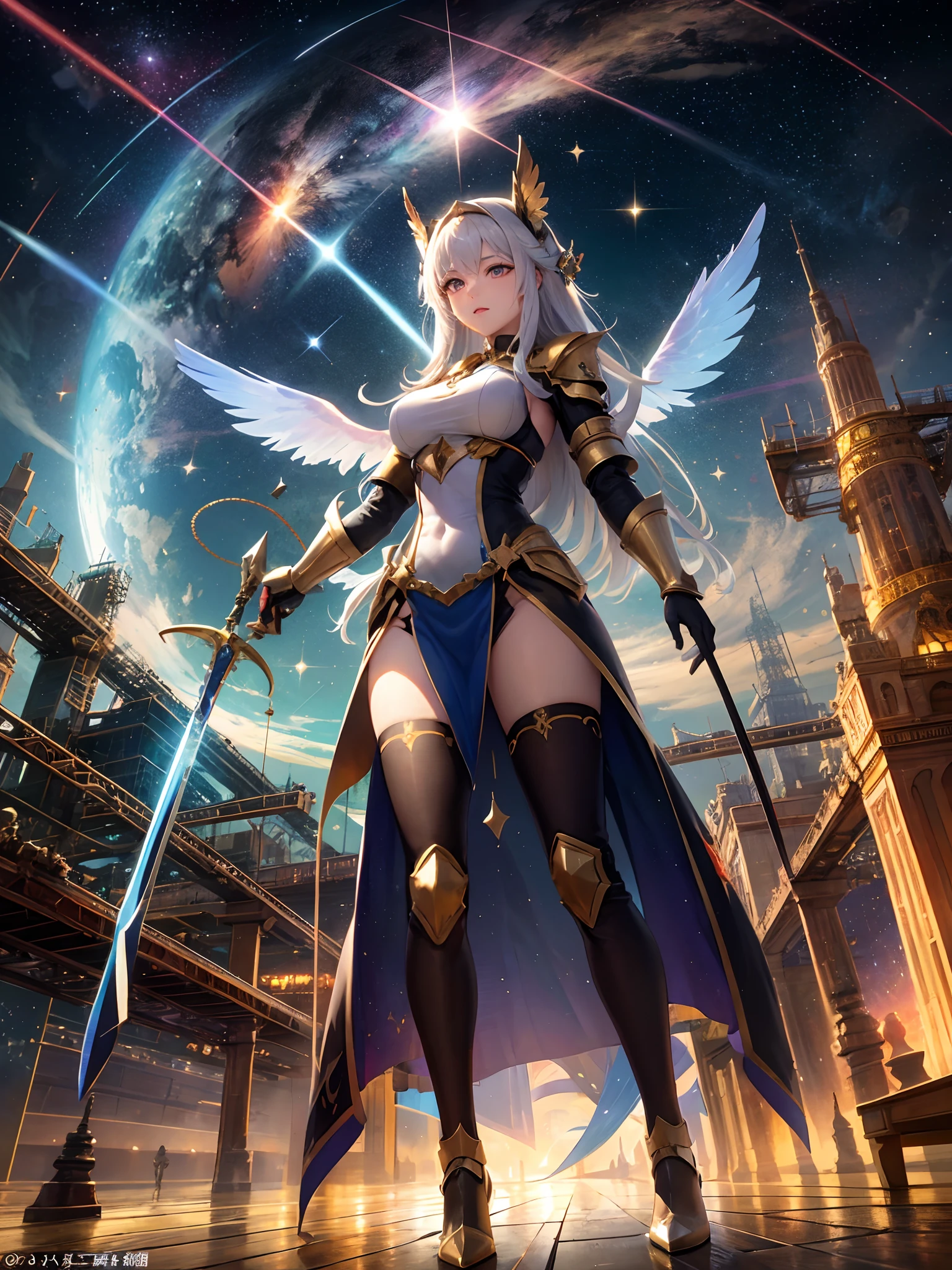 Highest quality, Super quality, 16K, Incredibly absurd, Very detailed, 2.5D, delicate and dynamic, Small faint lights and flying fireflies, night, Starry Sky, milky way, nebula, shooting star,,erotic, sole sexy lady, healthy shaped body, 22 years old lady, 170cm tall, huge firm bouncing busts, A colorful holy sword, Complicated armor, Brightly colored armor, White Tiger