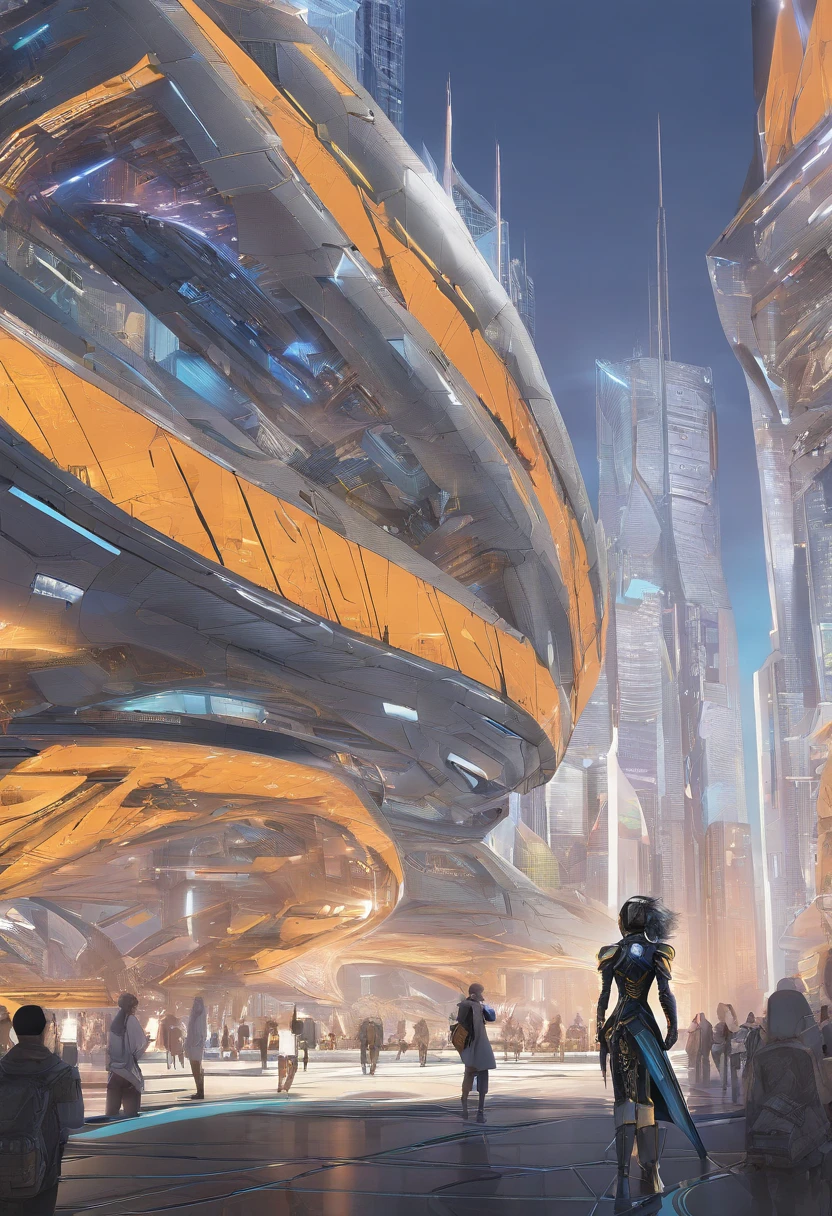 Generate an image of a regular size woman human female with dark hair tied into a bun, she's a solarpunk-inspired eco-street guardian knight in a city street. The guardian wears a futuristic lightweight solar-powered fill-body armor with a golden sheen. a star-shaped crest visible on her chest. Her face is uncovered, revealing her determined expression as she walks among pedestrians. The guardian's presence is proportional to the human scale, not towering over the surroundings, and her armor does not have plants growing out of it. The city around her is a lush, eco-friendly metropolis with advanced solar technology seamlessly integrated into the architecture. The guardian embodies the spirit of sustainability and protection in this utopian urban setting.