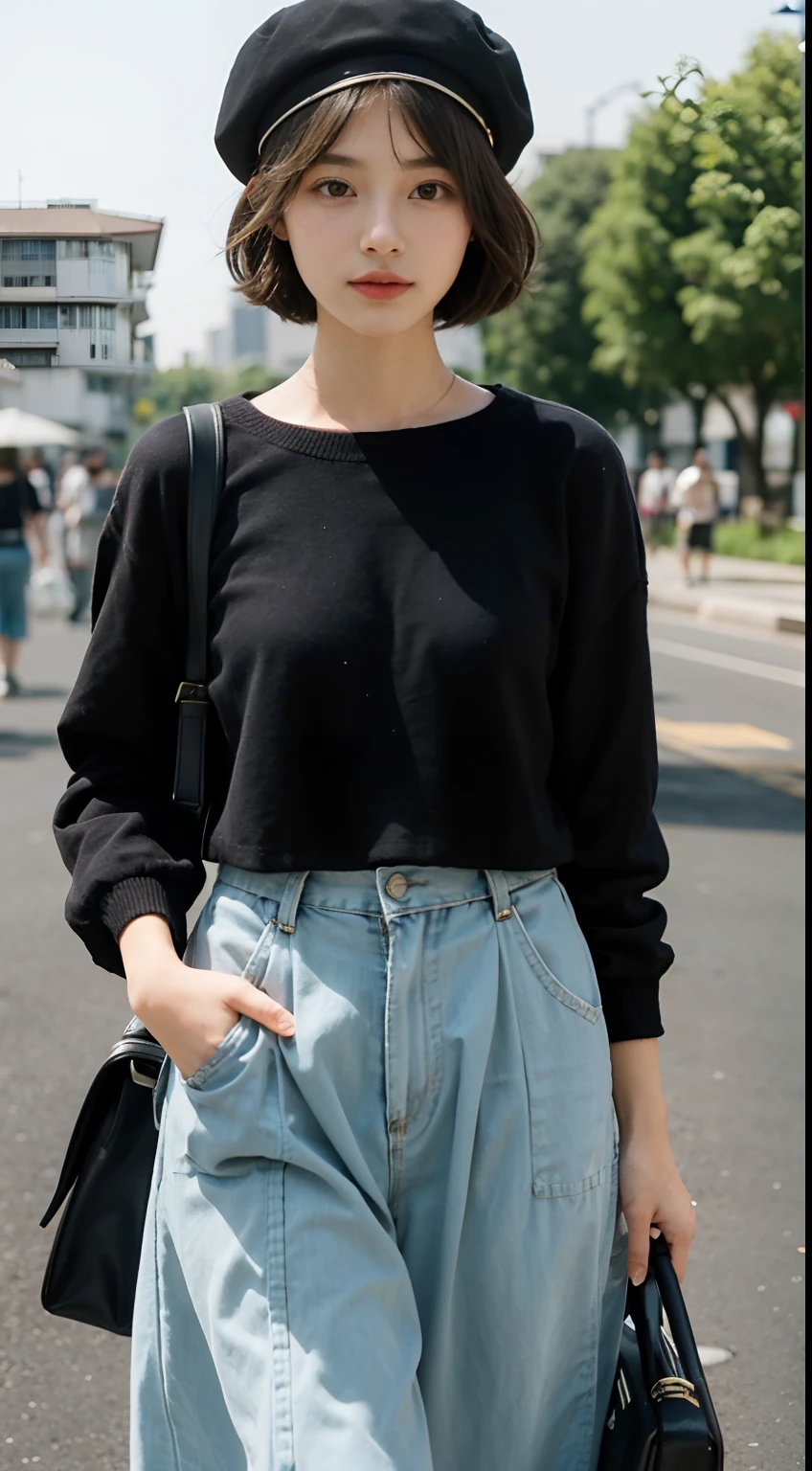 teens girl，photographers，gentle and cute，short detailed hair，（Carry-on baggage），aerodrome，long  skirt，Travel caps，Tourist map in hand