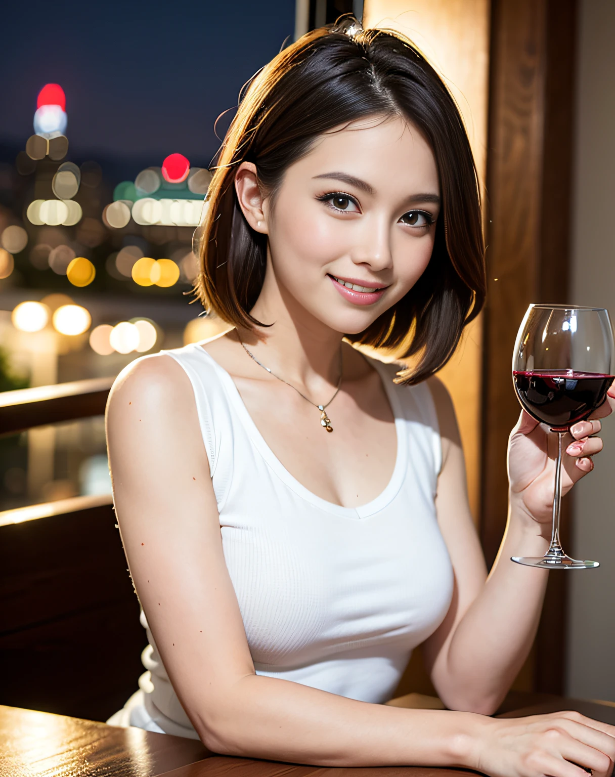 (64K, UHD, top quality, masterpiece: 1.2), (realistic, photorealistic: 1.37), super detailed, pretty woman 1 person, (slim face), (slim body), (brown hair), (short cut), cheeks slightly blushing, (41 years old), 38 years old, solo, outside the window is a beautiful detailed urban night view, restaurant, wine glasses sit, at night, in a prominent place (from the waist up) NovaFrogStyle, Actress, Model, Waist Up, White Wine, Slim, Wine Glass, Super Clean Night View, Wine Glass Put in the Middle, Happy Smile, (Smile: 1.15), Beautiful Fine Eyes, Upper Body, Bust Japan Up, Night, Short, Short, Actress, Model, Waist Up, White Wine, Slim, Wine Glass, Super Clean Night View, Wine Glass Put in the Middle, Happy Smile,