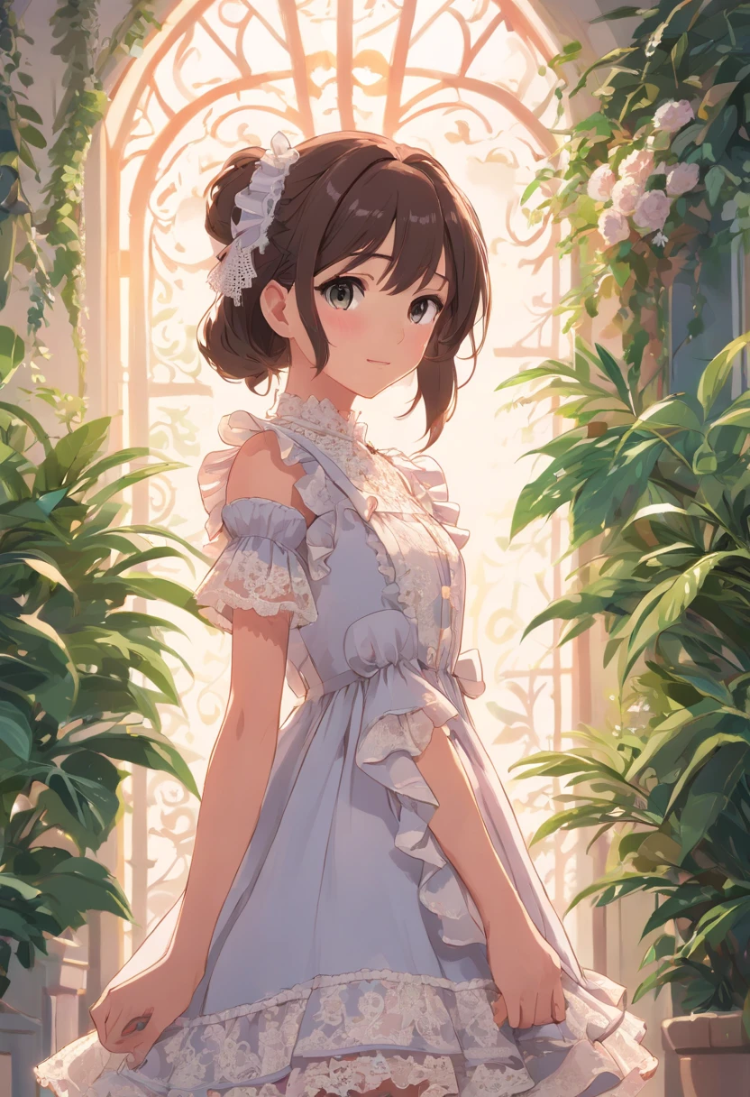 1girl,frill gothic lolita, dress, (lace:1.4),dynamic pose,(face close up:0.9),indoors,plants,
