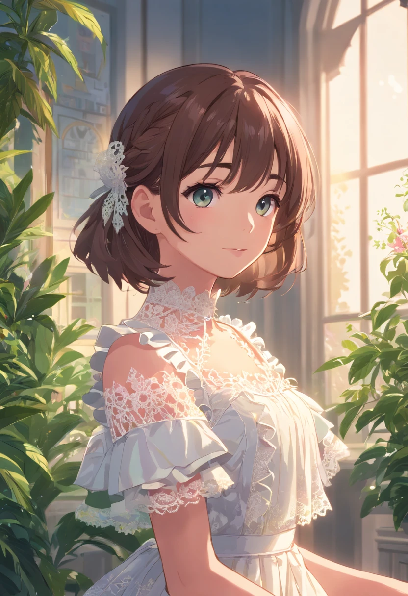 1girl,frill gothic lolita, dress, (lace:1.4),dynamic pose,(face close up:0.9),indoors,plants,