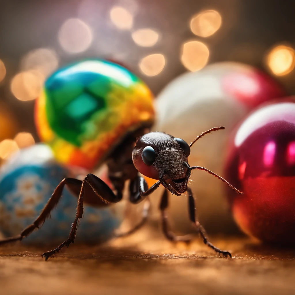 an ant surrounded with many gifts in shiny Christmas with colorful light