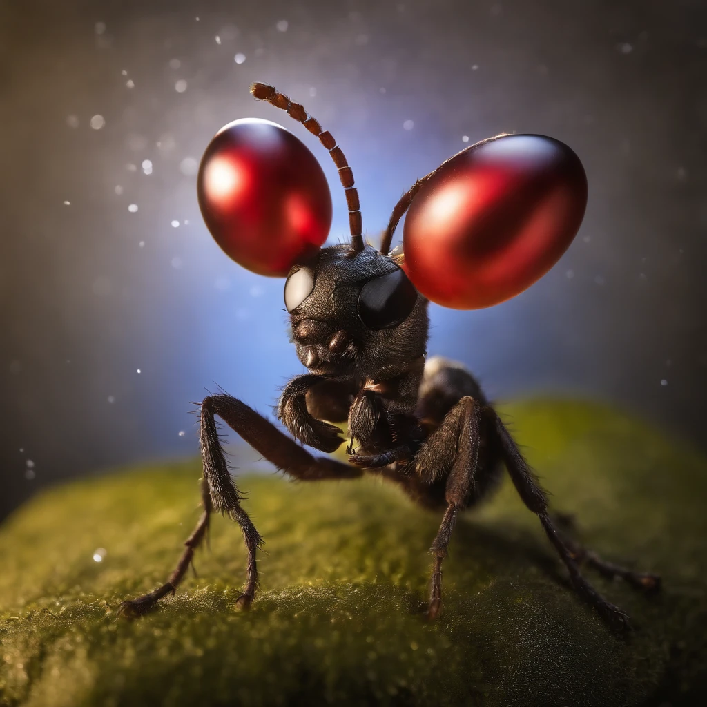 an ant surrounded with many gifts in shiny Christmas with colorful light