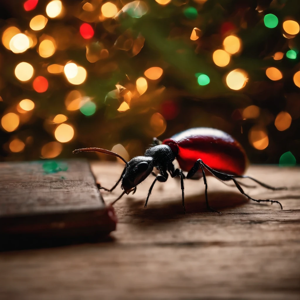 an ant surrounded with many gifts in shiny Christmas with colorful light