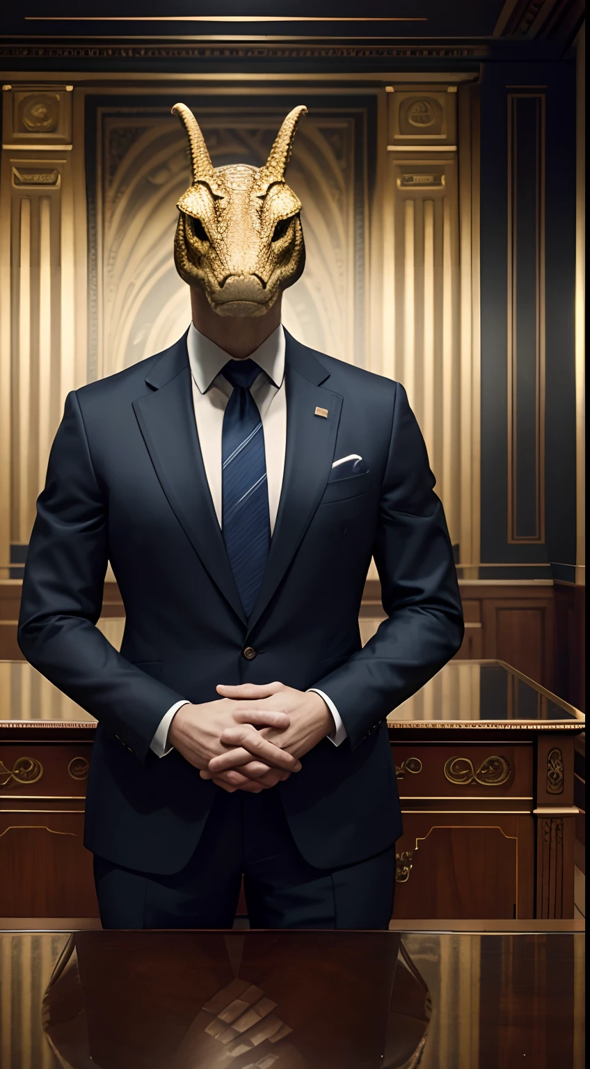 president, president office, sitting behind the president desk, human body, snake head, suit, Animal Anthropomorphism, realistic digital, humanoid, abstract background, global illumination, intricate, epic, dramatic, masterpiece, high detail, best quality, ultra high res