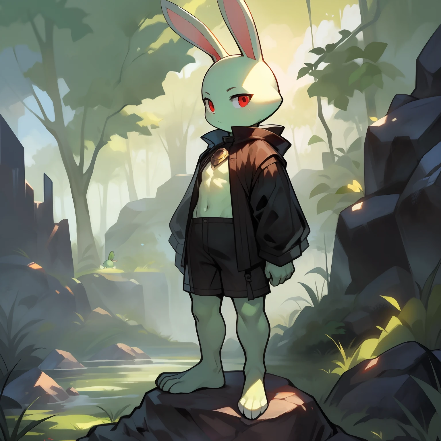Best quality，Masterpiece，((solo person))，((byself))，a black cloak，Black  shorts，Stand on a stone slab，(Short stature)，（bit girl)，((Straight ears))，((The bald head has no ears，rabbit Facial Features，rabbit Body Features))，red eyes，（bunny tail），（White belly），（Pale green body hair，Light green legs），（White rabbit feet），(Vertical rabbit ears)，alleys，