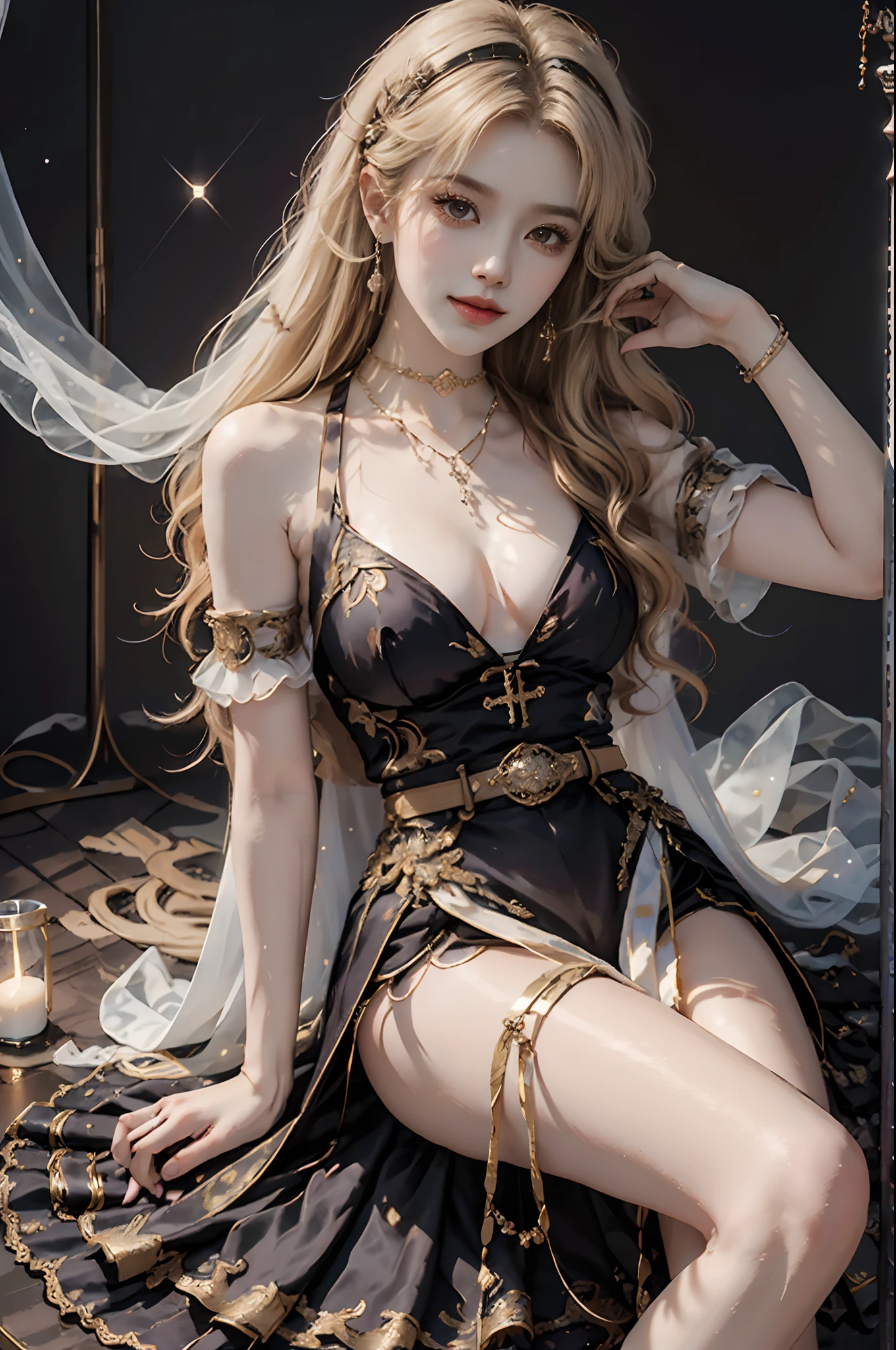 ((upper body)), ((realistic)), ((from above)), (Close up), 1 Asian female model, A young girl, the night, starrysky, (In the gazebo, Sit Pose, Cross ed leg, leaning against pillars), pretty pose, Eye-catching poses, Detailed scenes, Coiled hair, Hairpins, Beautiful hair accessories, Brownish-yellow hair, light make-up, Blushlush, Gloss on lips, pretty legs, ((period costume, high-waist, Nice belt, high-heels)), ((warm lights, a warm color palette)), (Extremely high color saturation), Detailed details, ultra-detailliert, (tmasterpiece, best qualtiy), (An extremely delicate and beautiful work), Delicate earrings, Delicate necklace, Simple blurred background, Extreme detail description, Ultra-fine painting, Delicate face, slim toned body, Slimming the waist, ssmile, (anatomy correct)