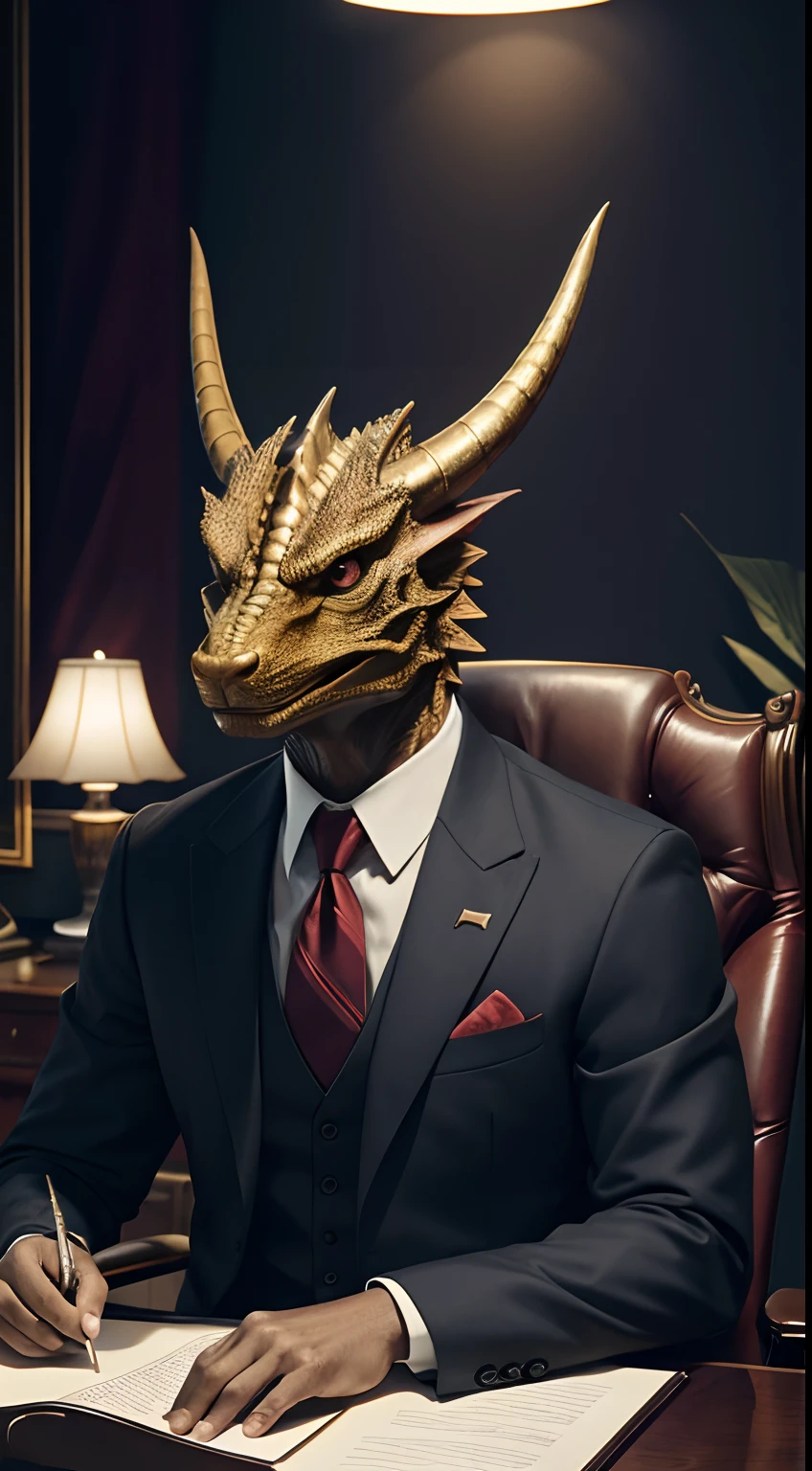 president, president office, sitting behind the president desk, human body, dragon head, suit, Animal Anthropomorphism, realistic digital, humanoid, abstract background, global illumination, intricate, epic, dramatic, masterpiece, high detail, best quality, ultra high res