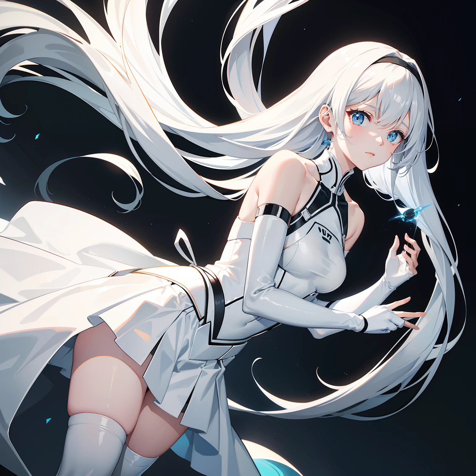 silver long hair,headphone,blue eyes,white sweater,No sleeve,black tight skirt,knee socks,night club,large number of speakers,DJ equipment,Spotlight