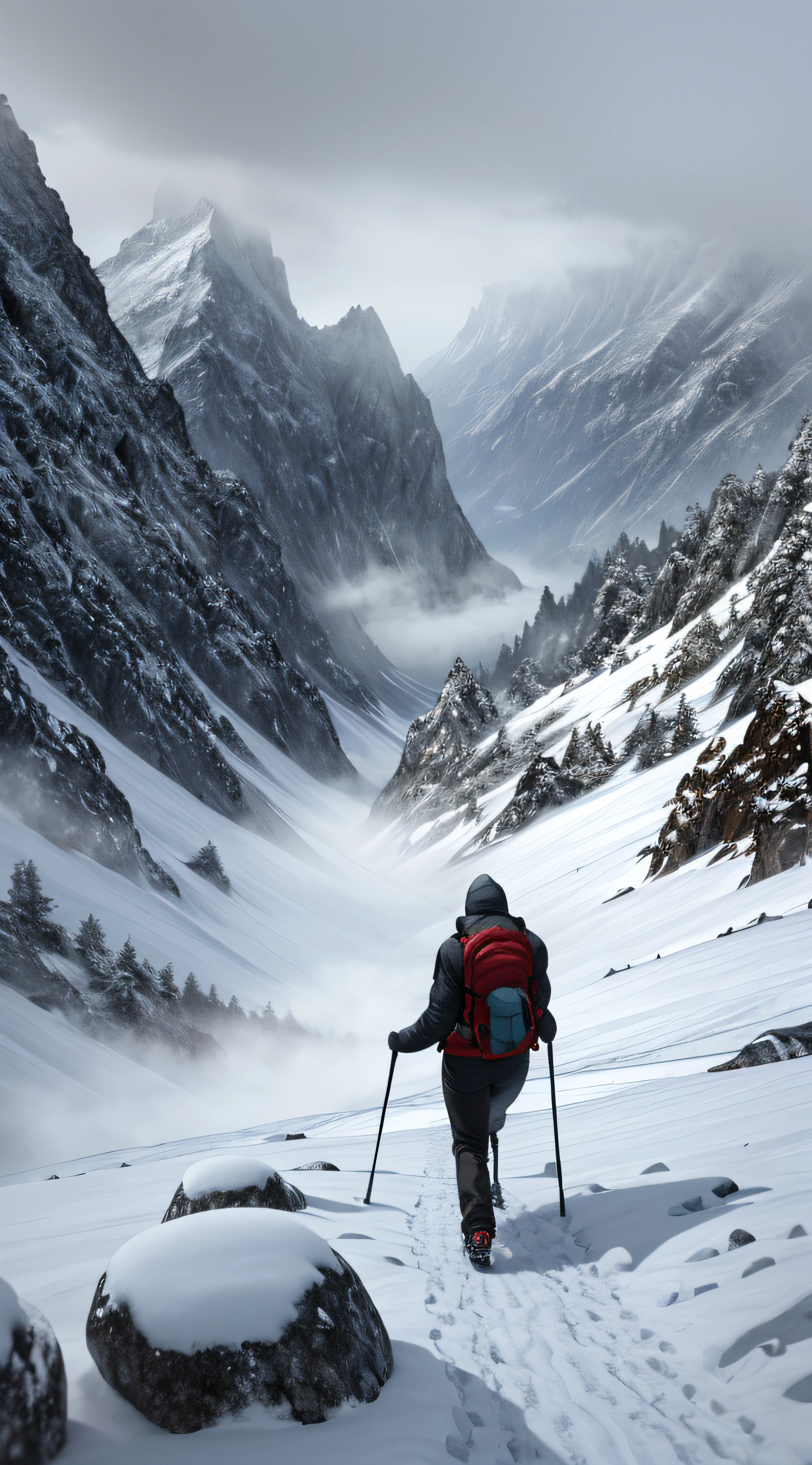 Mountain climber hiking up a mountain, snowy, cold, foggy and misty, overcast day, raytracing, detailed, rocks and ice