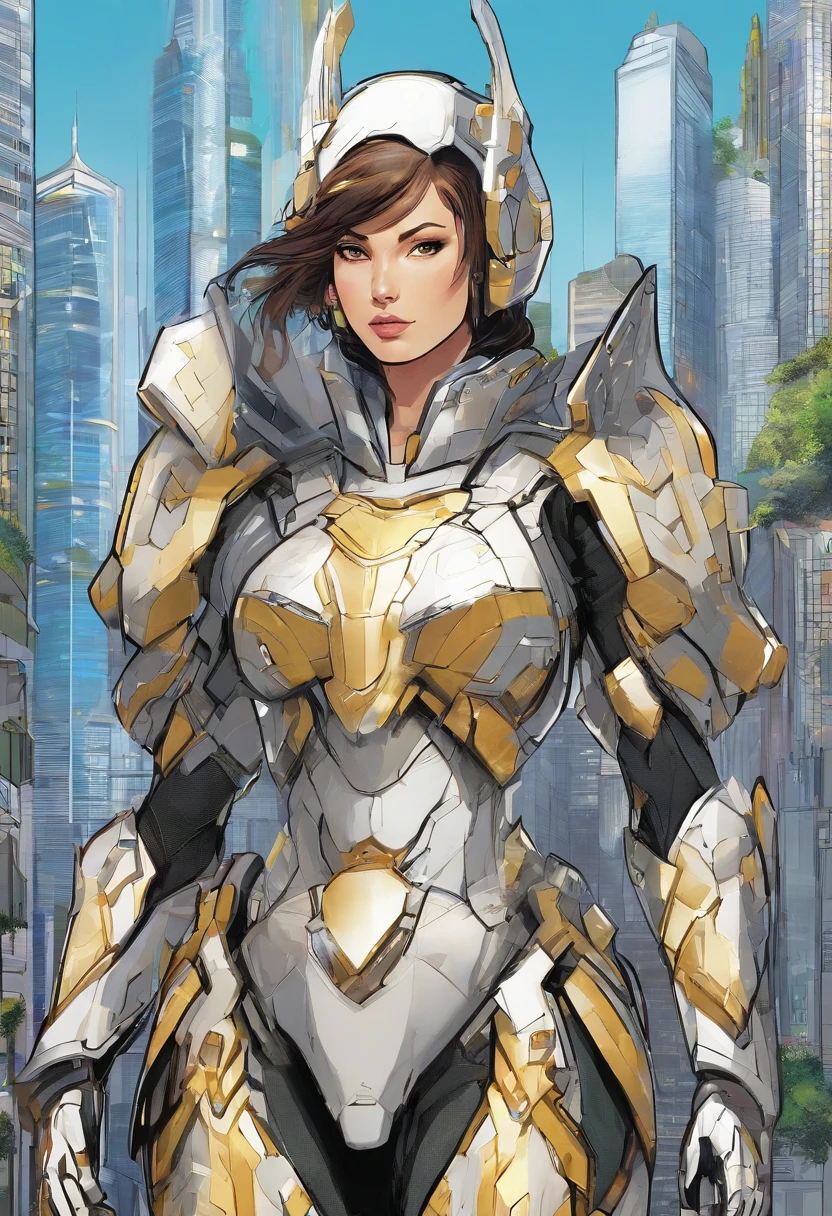 Generate an image of a regular size woman human female with dark hair tied into a bun, she's a solarpunk-inspired eco-street guardian knight in a city street. The guardian wears a futuristic lightweight solar-powered fill-body armor with a golden sheen. a star-shaped crest visible on her chest. Her face is uncovered, revealing her determined expression as she walks among pedestrians. The guardian's presence is proportional to the human scale, not towering over the surroundings, and her armor does not have plants growing out of it. The city around her is a lush, eco-friendly metropolis with advanced solar technology seamlessly integrated into the architecture. The guardian embodies the spirit of sustainability and protection in this utopian urban setting.