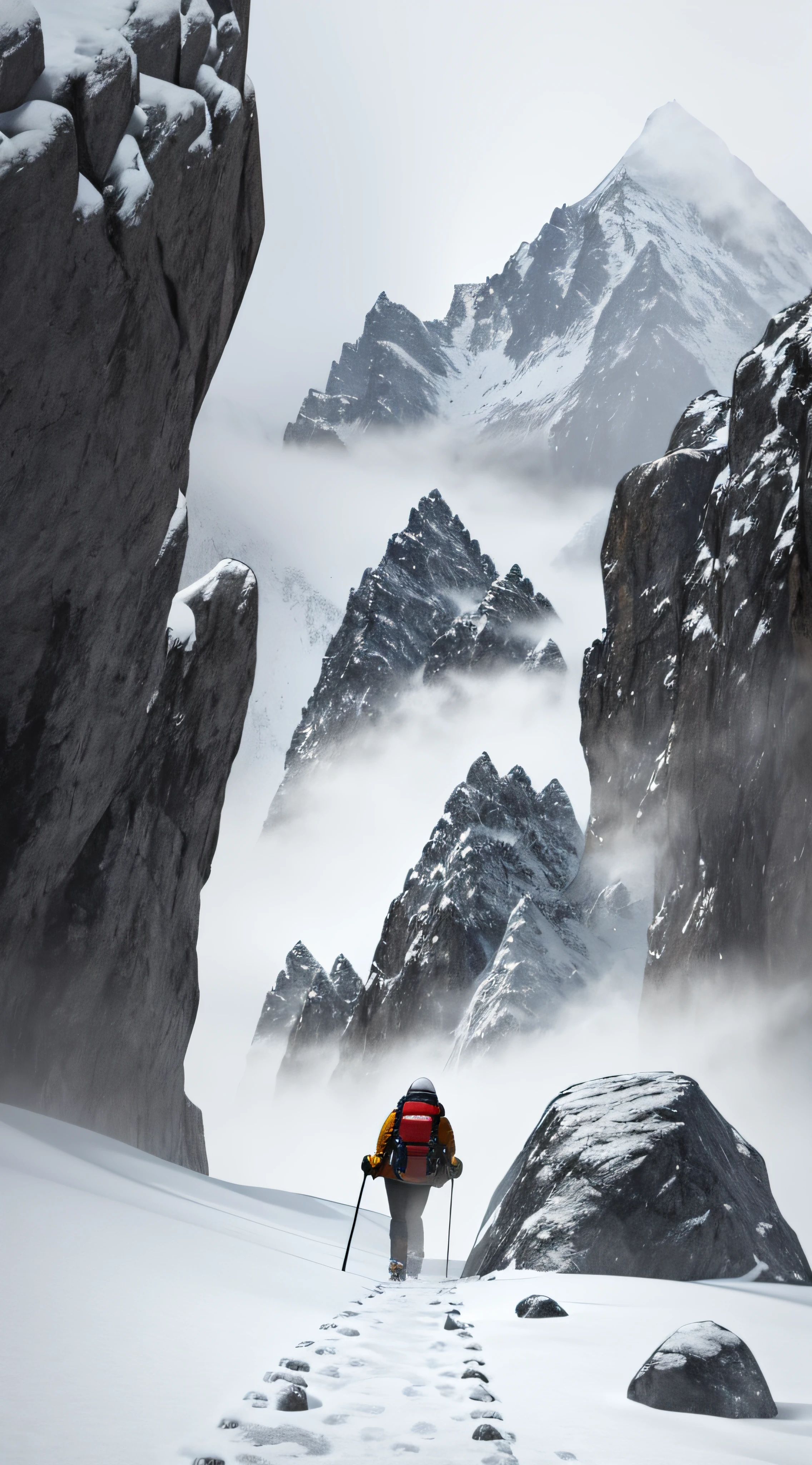 Mountain climber hiking up a mountain, snowy, cold, foggy and misty, overcast day, raytracing, detailed, rocks and ice