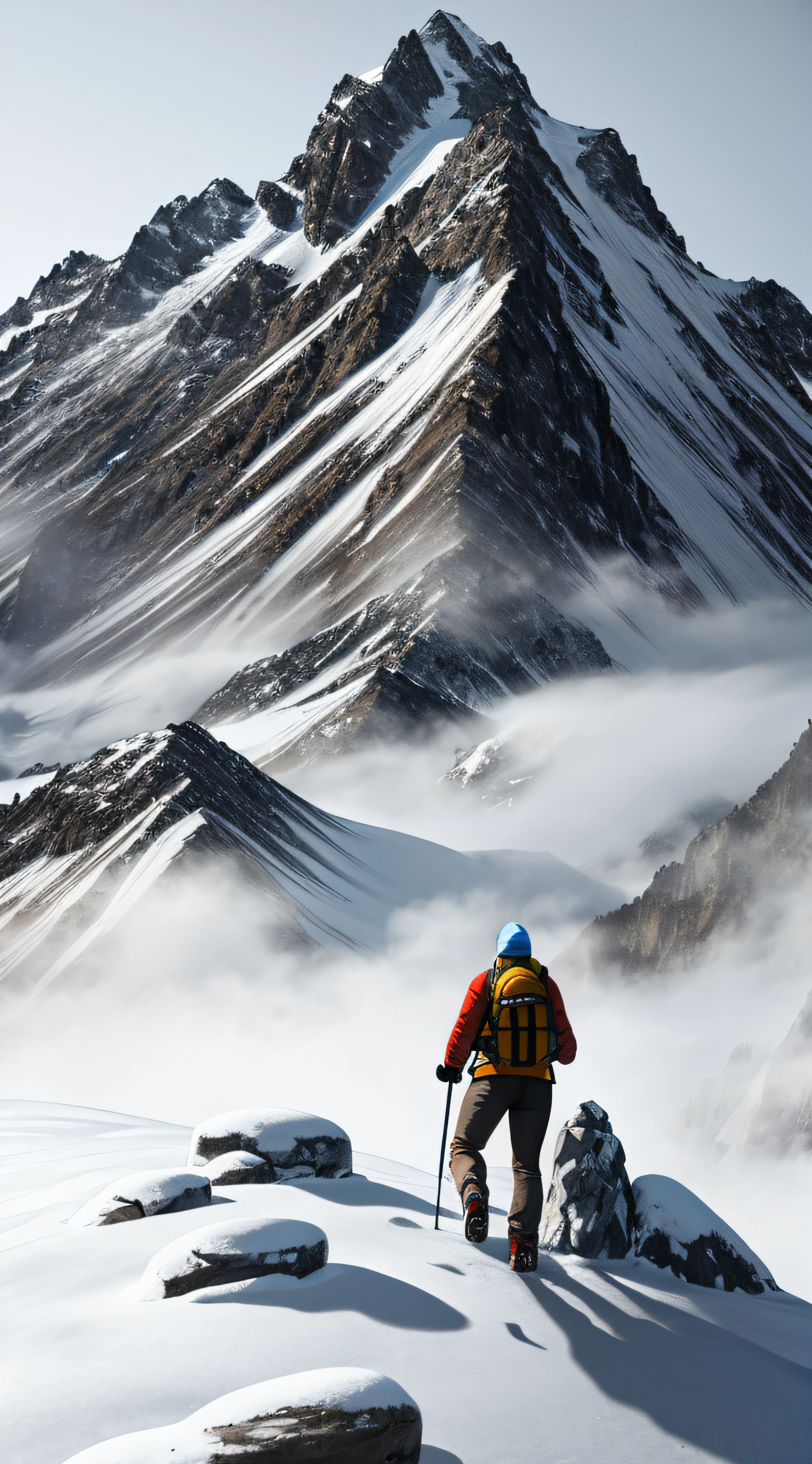 Mountain climber hiking up a mountain, snowy, cold, foggy and misty, overcast day, raytracing, detailed, rocks and ice