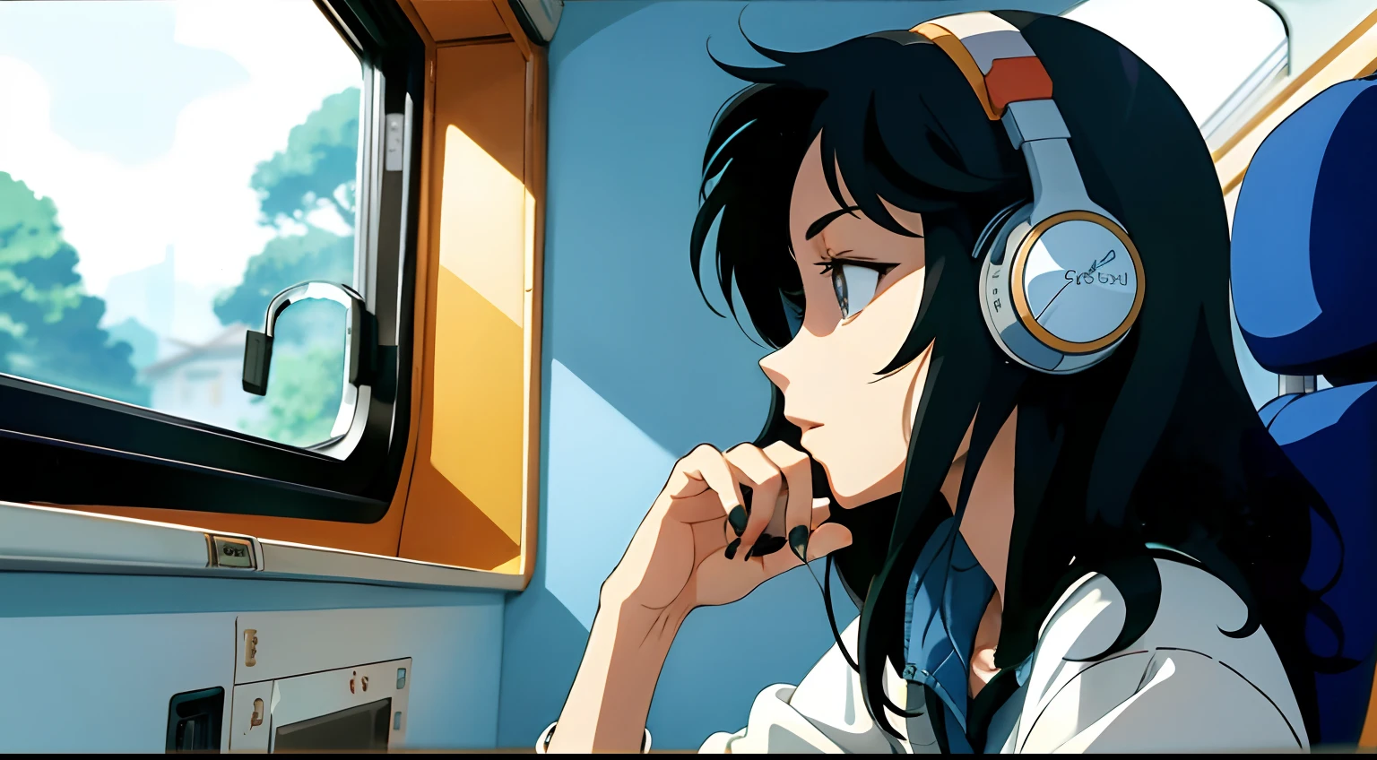 Ghibli style,Pretty Girl, sexy eyes, sexy face, 80's style, headphones, Pretty profile looking out the window, black nails, nail polish, correct fingers, 5 fingers, Pretty nails