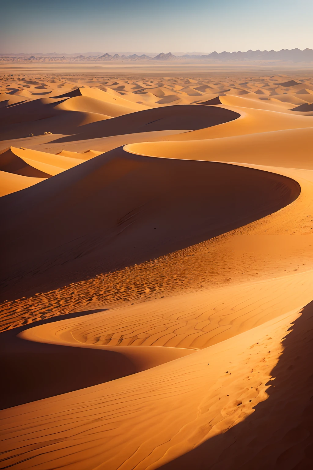 In the desert of the Middle East，Golden desert，In the wilderness，On the distant horizon is the city of towering buildings