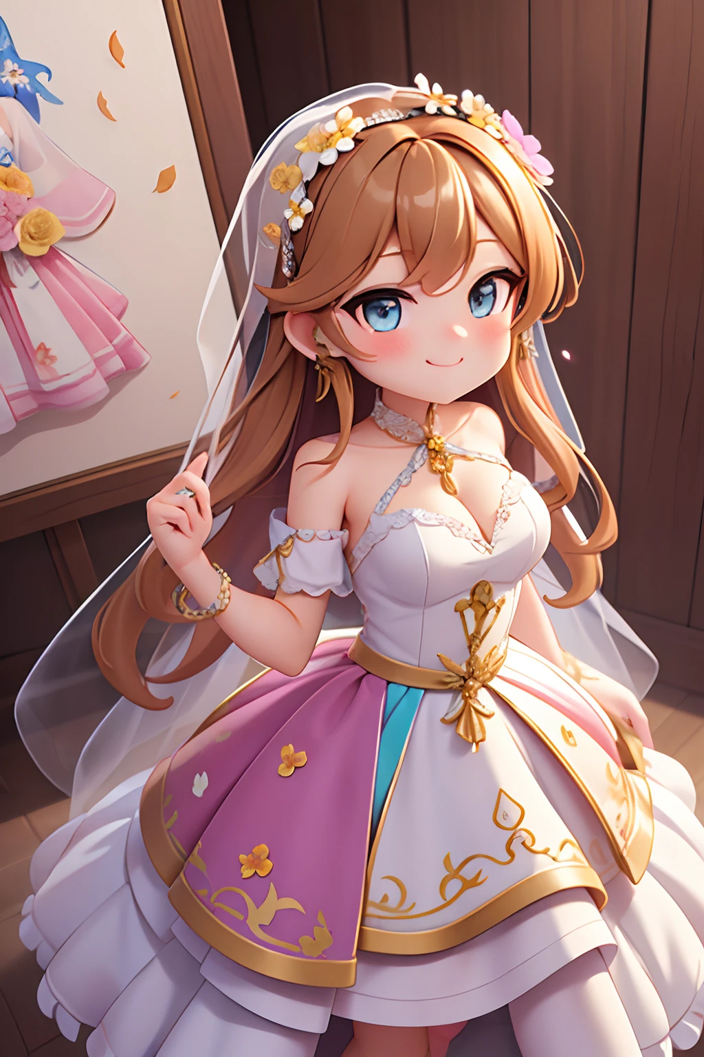 photoRealstic、Nendroids in wedding dress standing in front of the painting、A smile、watercolor Nendoroid、(High Definition Figure)、Flowing iridescent silk、up of face、Eye Up、Colorcon with heart pattern、Floral dress、There are also flowers in front of the nendroids、flower petals、season!!: 夏天☀ 🍂