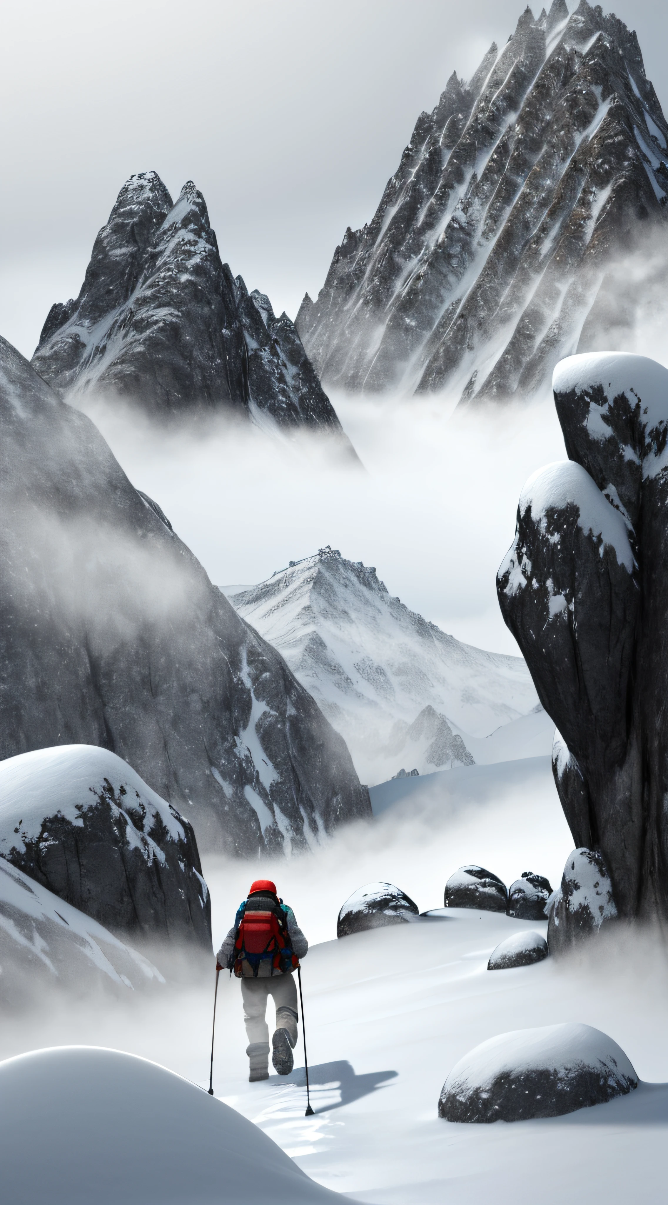 Mountain climber hiking up a mountain, snowy, cold, foggy and misty, overcast day, raytracing, detailed, rocks and ice