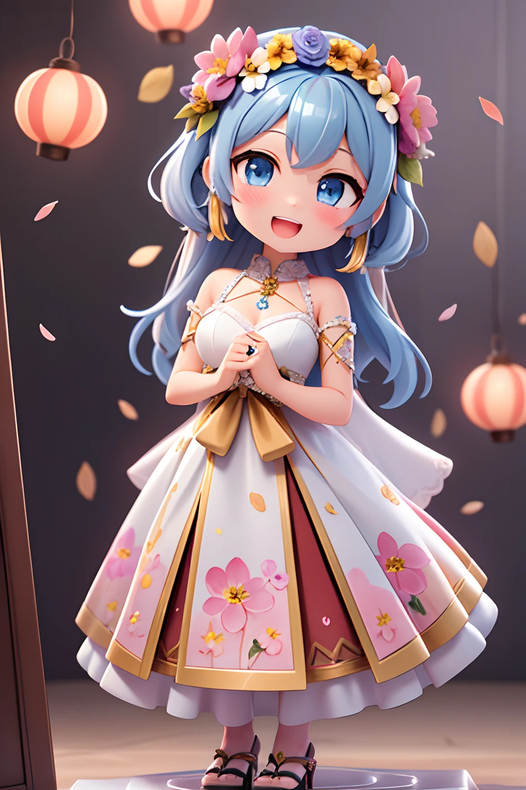 photoRealstic、Nendroids in wedding dress standing in front of the painting、Open mouth and big smile、watercolor Nendoroid、(High Definition Figure)、Flowing iridescent silk、up of face、Eye Up、Colorcon with heart pattern、Floral dress、There are also flowers in front of the nendroids、flower petals、season!!: 夏天☀ 🍂