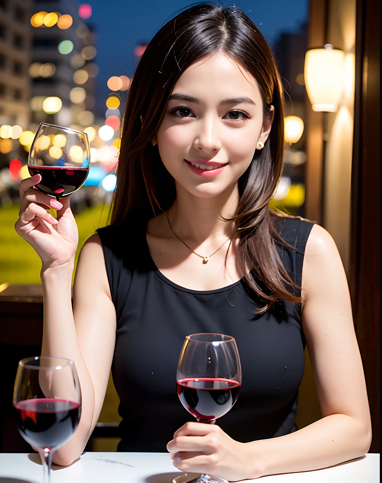 (64K, UHD, top quality, masterpiece: 1.2), (realistic, photorealistic: 1.37), super detailed, pretty woman 1 person, (slim face), (slim body), (brown hair), (short cut), cheeks slightly blushing, (44 years old), 38 years old, solo, beautiful detailed urban night view outside the window, restaurant, wine glasses sit, at night, in a prominent placeNovaFrogStyle, Actress, Model, Waist Up, White Wine, Slim, Wine Glass, Super Clean Night View, Wine Glass Put in the Middle, Happy Smile, (Smile: 1.15), Beautiful Fine Eyes, Upper Body, Bust Japan Up, Night, Short, Short, Actress, Model, Waist Up, White Wine, Slim, Wine Glass, Super Clean Night View, Wine Glass Put in the Middle, Happy Smile,