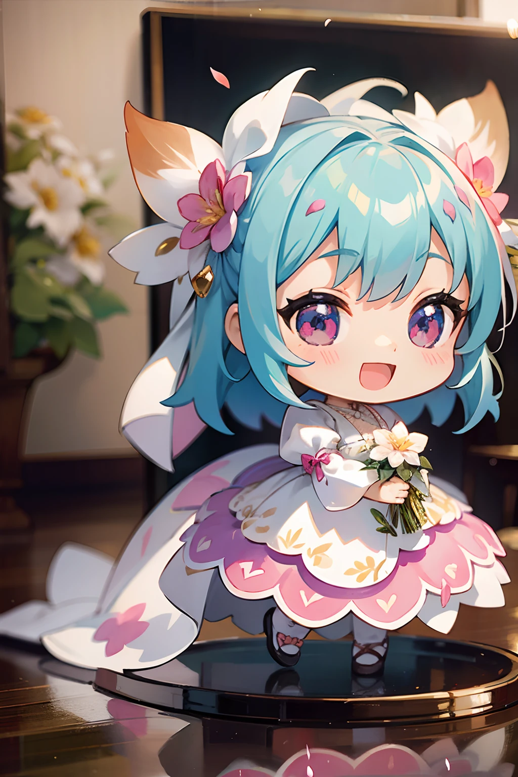 photoRealstic、Nendroids in wedding dress standing in front of the painting、Open mouth and big smile、watercolor Nendoroid、(High Definition Figure)、Flowing iridescent silk、up of face、Eye Up、Colorcon with heart pattern、Floral dress、There are also flowers in front of the nendroids、flower petals、season!!: 夏天☀ 🍂