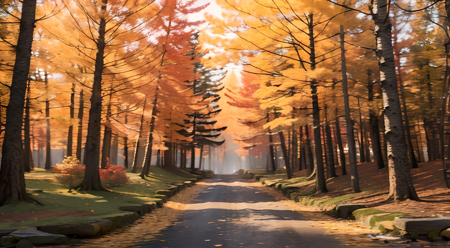 canadian woods, designed for cozy aesthetics!, in the autumn forest, in the autumn, fall season, falling leaves. sunny day, photorealistic, HDR, 6k, colourful trees, wood path, fine details, sandy path, real woods, cinematic, 16:9, super resolution,