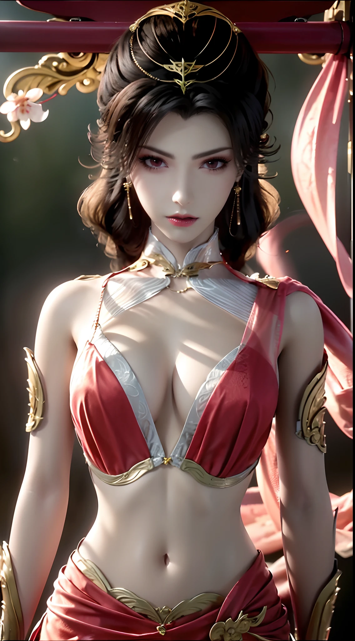 "1 beautiful girl wearing a traditional costume, a long thin pale pink dress made of meticulously made silk, deep slit shirt, historical style costumes, sexy ancient style, jet black curly hair, the most beautiful and detailed hair jewelry, beautiful little face thin eyebrows, the most beautiful and spotless face, ((black iris:0.8)), the very beautiful eyes, big round eyes, ((brown pink color eyes:1.1)), fine and detailed makeup eyelashes, high nose, wearing earrings, small red lips, rosy face, clean face, beautiful face without blemish, smooth white skin, ((big breasts:1.2)), Blums boobs, ((big and super round breasts:1.5)), ((super tight breasts:1.2)), ((breast augmentation:1.5)), beautiful breasts, slim and petite body, ((thin waist: 0.9)), frontal portrait of a beautiful girl, sexy girl, skirt, fishnet stockings color coordinated according to the outfit, pose elegantly, elegantly, and politely, 8k photo, super high quality, super realistic, 10x super pixels, photo realistic, dark studio, border light, two tone light, (detailed skin high: 1.2), 8k uhd, dslr, soft light, high quality, volumetric light, candid, Photo, high resolution, light, best photo, 4k quality, 8k, Bokeh, Smooth and sharp, pixel up 10 times, lightning, super graphics, the most realistic graphics, (((red thunder background:1.4)))1 girl, alone, solo, (((frontal portrait:1))), Extremely sharp, super realistic images, ((outside scene of falling peach blossoms:1.2))), ((angle shot tilted from bottom to 45 degrees)),"