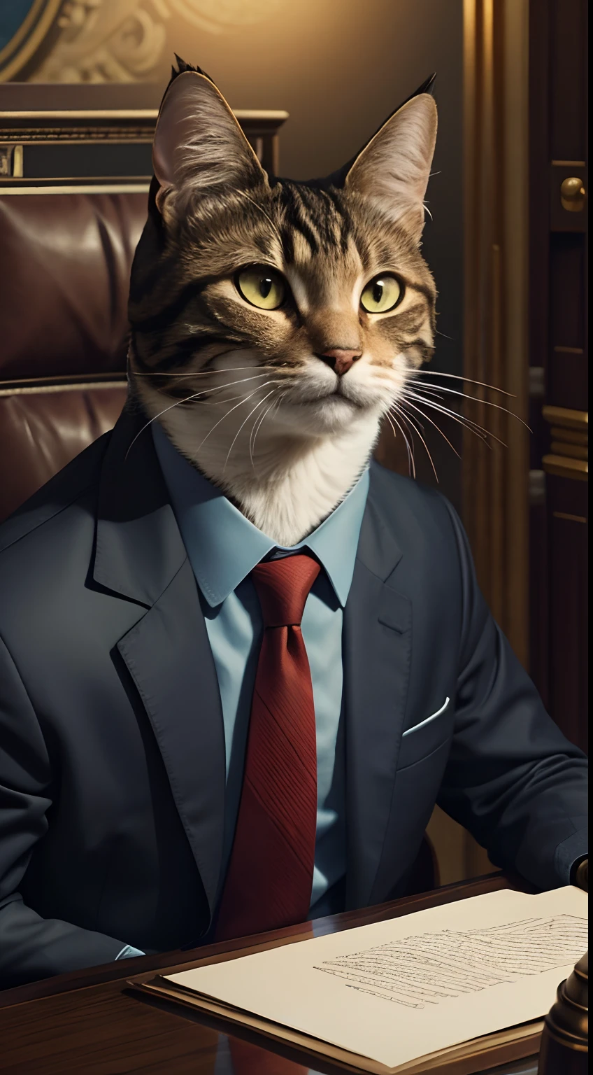 president, president office, sitting behind the president desk, human body, cat head, suit, Animal Anthropomorphism, realistic digital, humanoid, abstract background, global illumination, intricate, epic, dramatic, masterpiece, high detail, best quality, ultra high res