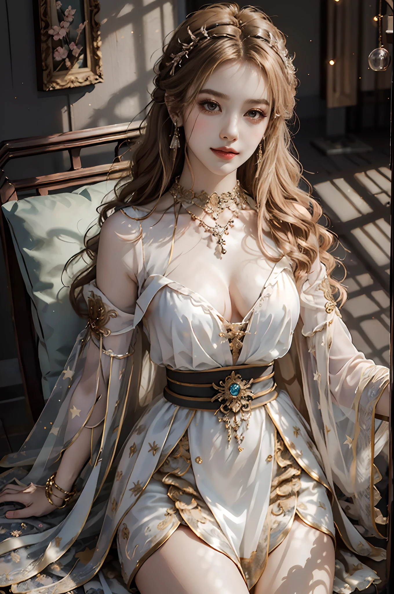 ((upper body)), ((realistic)), ((from above)), (Close up), 1 Asian female model, A young girl, the night, starrysky, (In the gazebo, Sit Pose, Cross ed leg, leaning against pillars), pretty pose, Eye-catching poses, Detailed scenes, Coiled hair, Hairpins, Beautiful hair accessories, Brownish-yellow hair, light make-up, Blushlush, Gloss on lips, pretty legs, ((period costume, high-waist, Nice belt, high-heels)), ((warm lights, a warm color palette)), (Extremely high color saturation), Detailed details, ultra-detailliert, (tmasterpiece, best qualtiy), (An extremely delicate and beautiful work), Delicate earrings, Delicate necklace, Simple blurred background, Extreme detail description, Ultra-fine painting, Delicate face, slim toned body, Slimming the waist, ssmile, (anatomy correct)