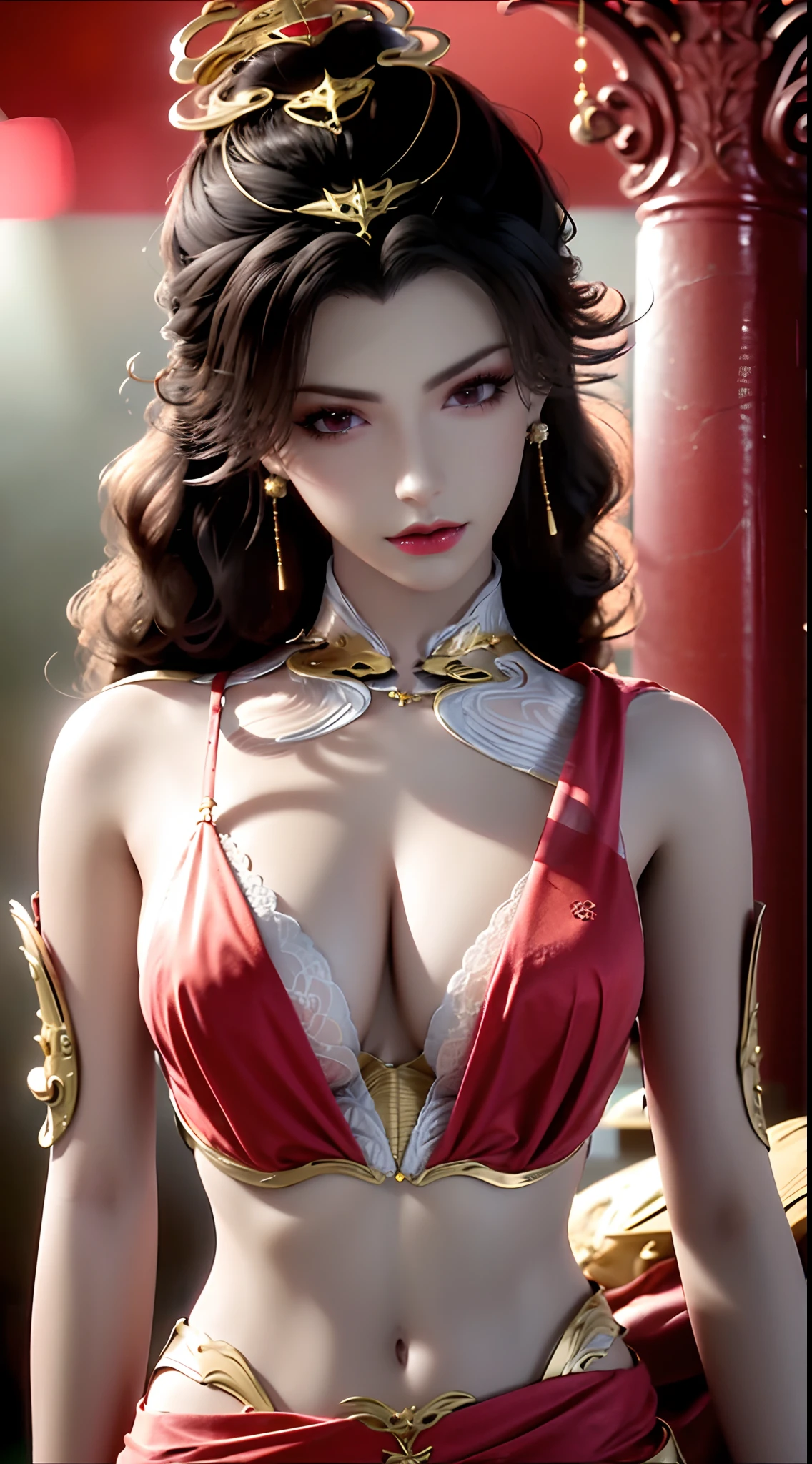 "1 beautiful girl wearing a traditional costume, a long thin pale pink dress made of meticulously made silk, deep slit shirt, historical style costumes, sexy ancient style, jet black curly hair, the most beautiful and detailed hair jewelry, beautiful little face thin eyebrows, the most beautiful and spotless face, ((black iris:0.8)), the very beautiful eyes, big round eyes, ((brown pink color eyes:1.1)), fine and detailed makeup eyelashes, high nose, wearing earrings, small red lips, rosy face, clean face, beautiful face without blemish, smooth white skin, ((big breasts:1.2)), Blums boobs, ((big and super round breasts:1.5)), ((super tight breasts:1.2)), ((breast augmentation:1.5)), beautiful breasts, slim and petite body, ((thin waist: 0.9)), frontal portrait of a beautiful girl, sexy girl, skirt, fishnet stockings color coordinated according to the outfit, pose elegantly, elegantly, and politely, 8k photo, super high quality, super realistic, 10x super pixels, photo realistic, dark studio, border light, two tone light, (detailed skin high: 1.2), 8k uhd, dslr, soft light, high quality, volumetric light, candid, Photo, high resolution, light, best photo, 4k quality, 8k, Bokeh, Smooth and sharp, pixel up 10 times, lightning, super graphics, the most realistic graphics, (((red thunder background:1.4)))1 girl, alone, solo, (((frontal portrait:1))), Extremely sharp, super realistic images, ((outside scene of falling peach blossoms:1.2))), ((angle shot tilted from bottom to 45 degrees)),"