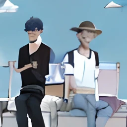 (SFW), two boys, sitting by the pond fishing, one wearing a white T-shirt and a straw hat, the other is a younger brother, the fish is hooked, trying to pull, summer, happy, carrying a backpack, the kind of car toy in hand, the background is an endless wheat field, blue sky and white clouds, perfect quality, clear focus, colorful, perfect face, intricate details, ultra-low viewing angle, wide-angle lens