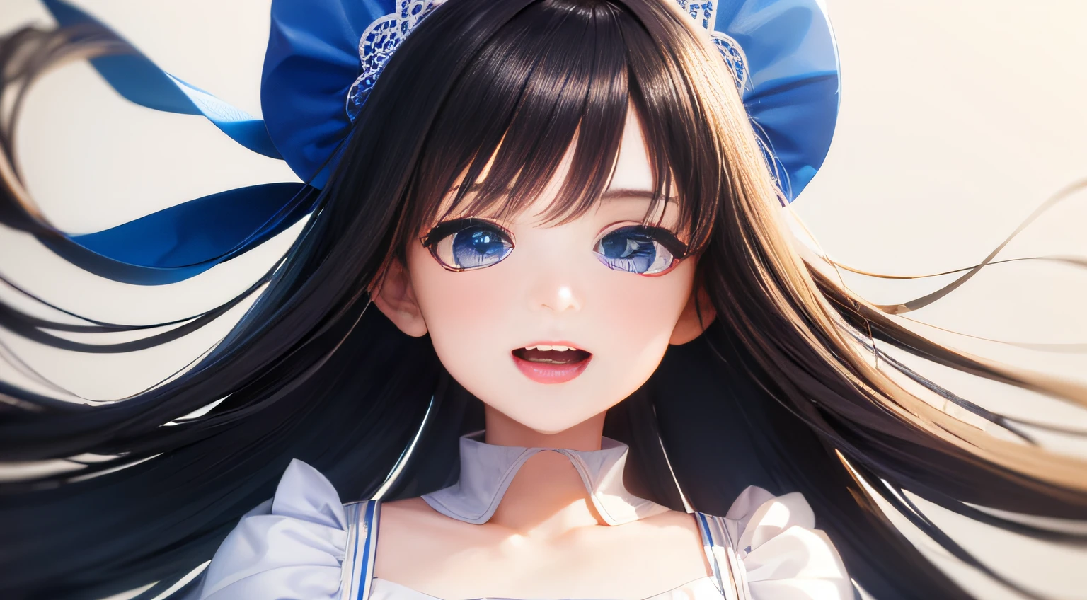 (high quality:1.2), close up, (portrait:1.1), beautiful girl, white dress, long black hair flowing, stunning blue eyes, 18 years old, extremely happy expression, mouth wide open in a hearty laughter