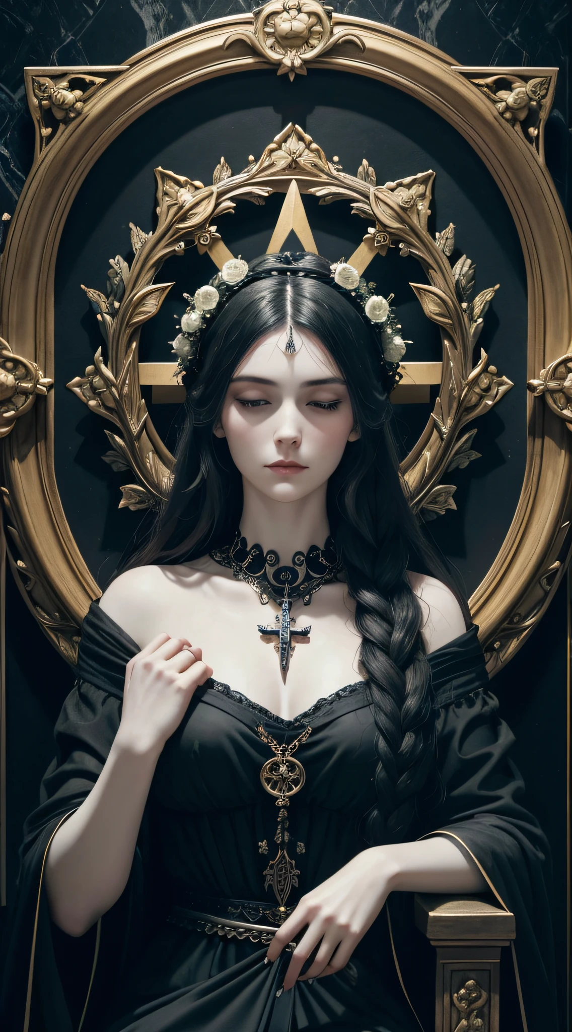detailed painting depicting a pale woman wearing long black dress, reclining to a stone reliquary, face in focus, hair in bun, tired face, half closed eyes, gothic, pre-raphaelite, skull and wreath, symbols of death, photorealistic, 8k ultra quality sharp wallpaper, oil painting by Walter Crane