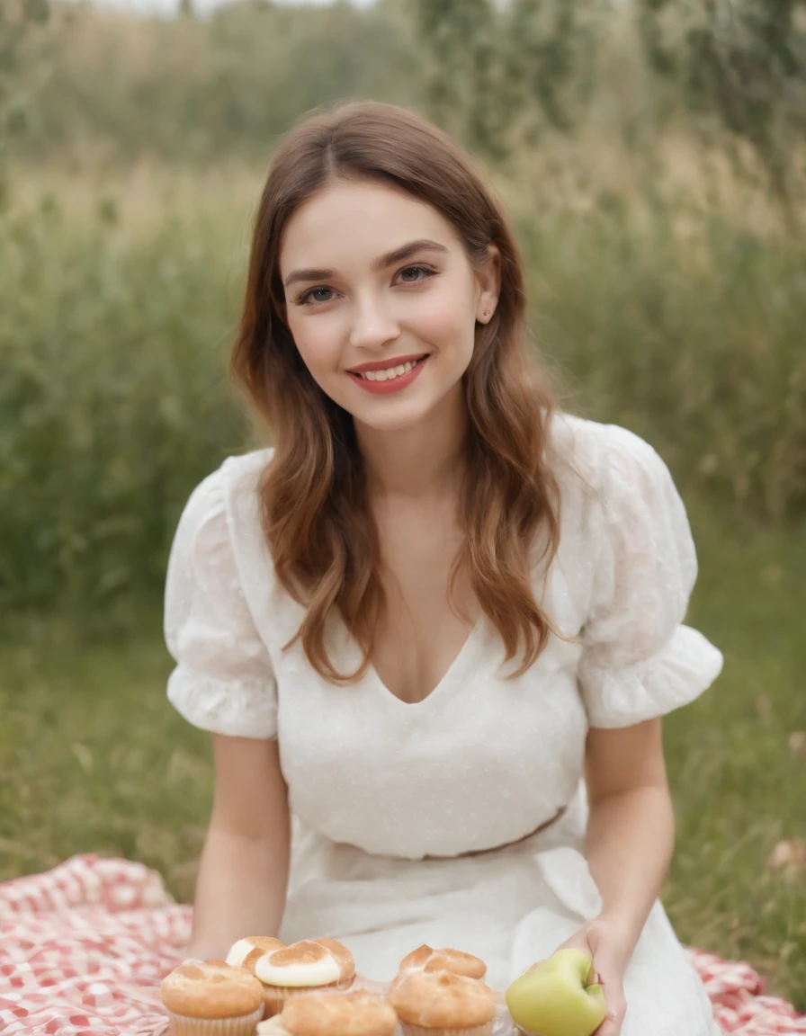 Girl smiling on picnic blanket,There were apples and bread,Cupcakes,picnic table, Surrealist fashion photography style, White and gold, Animated GIFs, photo taken with ektachrome, sportrait, self - portrait, Kawaii fashion (medium long shot)