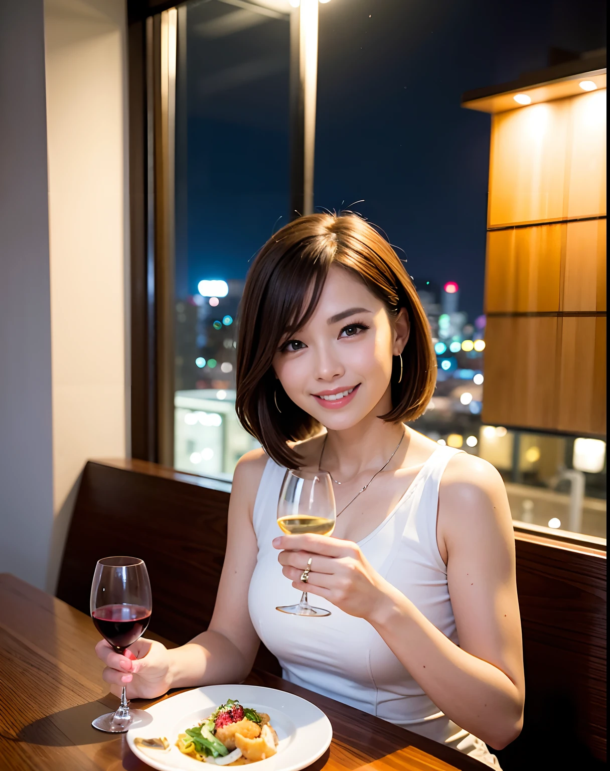 (64K, UHD, top quality, masterpiece: 1.2), (realistic, photorealistic: 1.37), super detailed, pretty woman 1 person, (slim face), (slim body), (brown hair), (short cut), cheeks slightly blushing, (44 years old), 38 years old, solo, beautiful detailed urban night view outside the window, restaurant, wine glasses sit, at night, in a prominent placeNovaFrogStyle, Actress, Model, Waist Up, White Wine, Slim, Wine Glass, Super Clean Night View, Wine Glass Put in the Middle, Happy Smile, (Smile: 1.15), Beautiful Fine Eyes, Upper Body, Bust Japan Up, Night, Short, Short, Actress, Model, Waist Up, White Wine, Slim, Wine Glass, Super Clean Night View, Wine Glass Put in the Middle, Happy Smile,