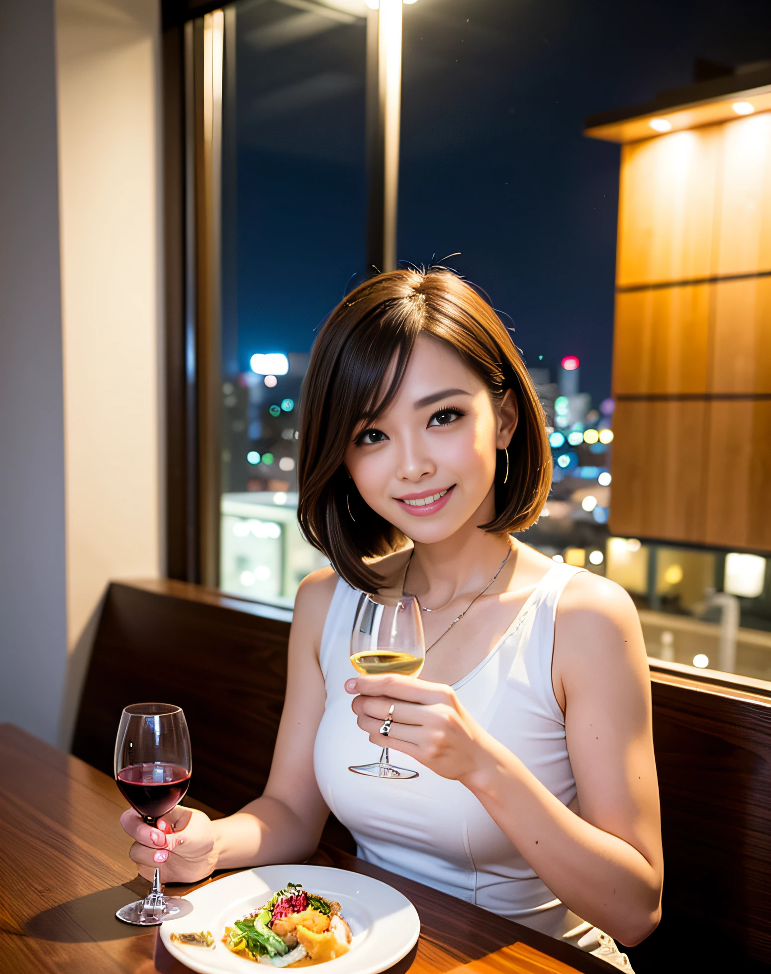(64K, UHD, top quality, masterpiece: 1.2), (realistic, photorealistic: 1.37), super detailed, pretty woman 1 person, (slim face), (slim body), (brown hair), (short cut), cheeks slightly blushing, (44 years old), 38 years old, solo, beautiful detailed urban night view outside the window, restaurant, wine glasses sit, at night, in a prominent placeNovaFrogStyle, Actress, Model, Waist Up, White Wine, Slim, Wine Glass, Super Clean Night View, Wine Glass Put in the Middle, Happy Smile, (Smile: 1.15), Beautiful Fine Eyes, Upper Body, Bust Japan Up, Night, Short, Short, Actress, Model, Waist Up, White Wine, Slim, Wine Glass, Super Clean Night View, Wine Glass Put in the Middle, Happy Smile,