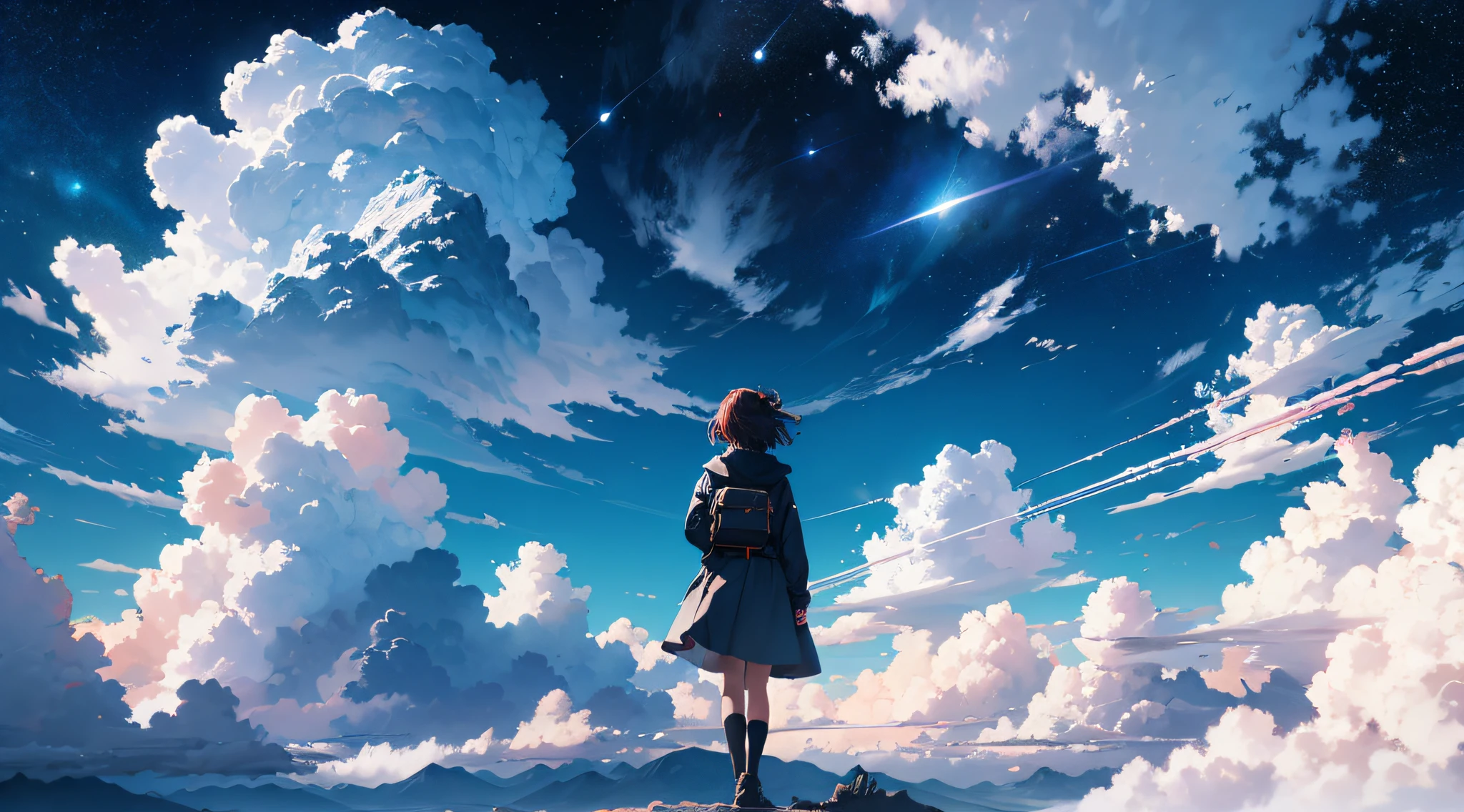 blue-sky, Skysky, Above the clouds, The landscape, A high resolution, (tmasterpiece: 1.4), ultra-detailliert, girls in the distance, the space, afloat, ,(best qualtiy),8K, ((tmasterpiece)) --v 6