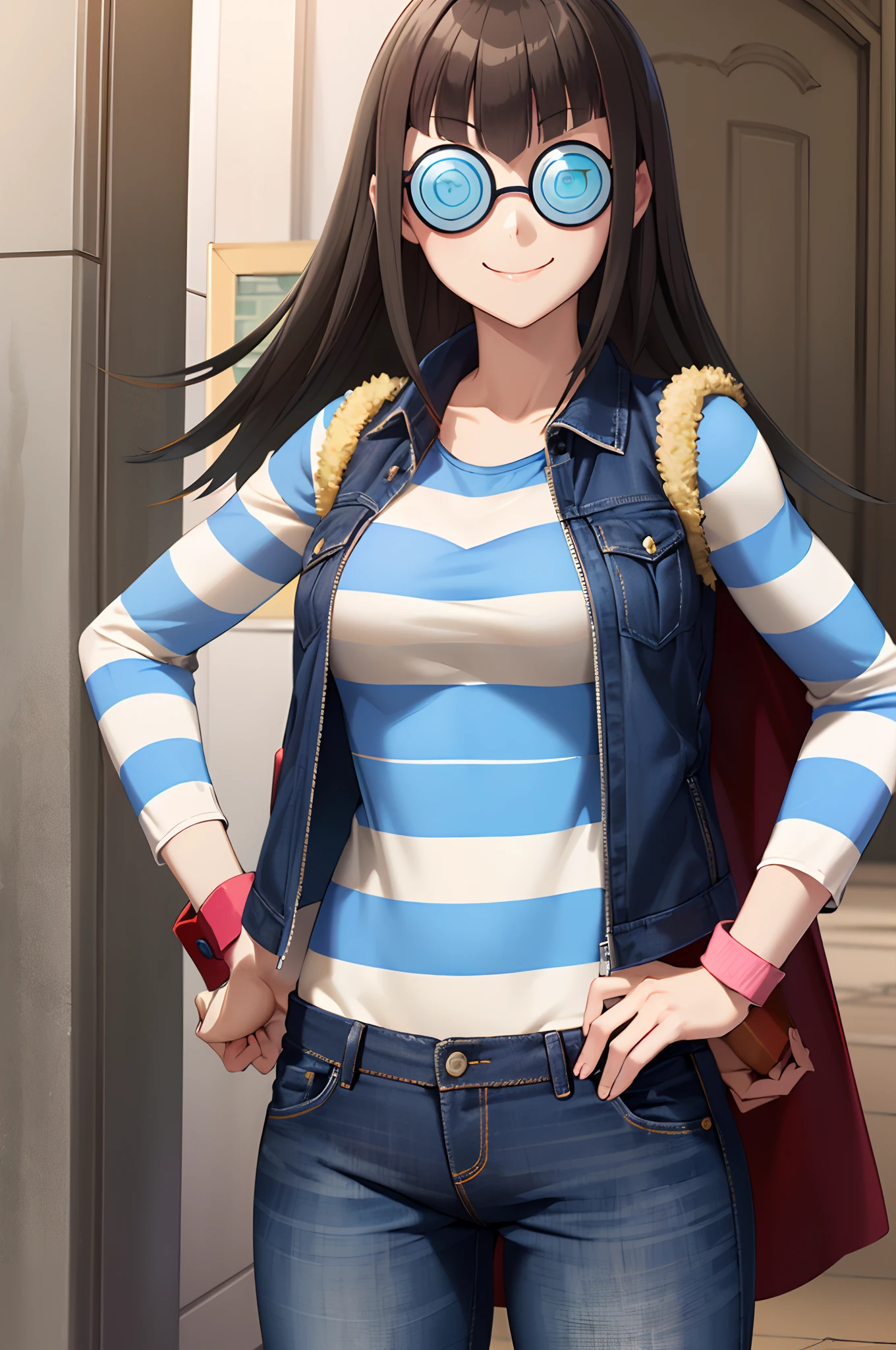 (masterpiece, best quality:1.2), cowboy shot, solo, 1girl, carly nagisa, smile, closed mouth, hands on hips, long black hair, (rimless glasses:1.2), brown sleeveless jacket, open jacket, striped shirt, jeans, wristband