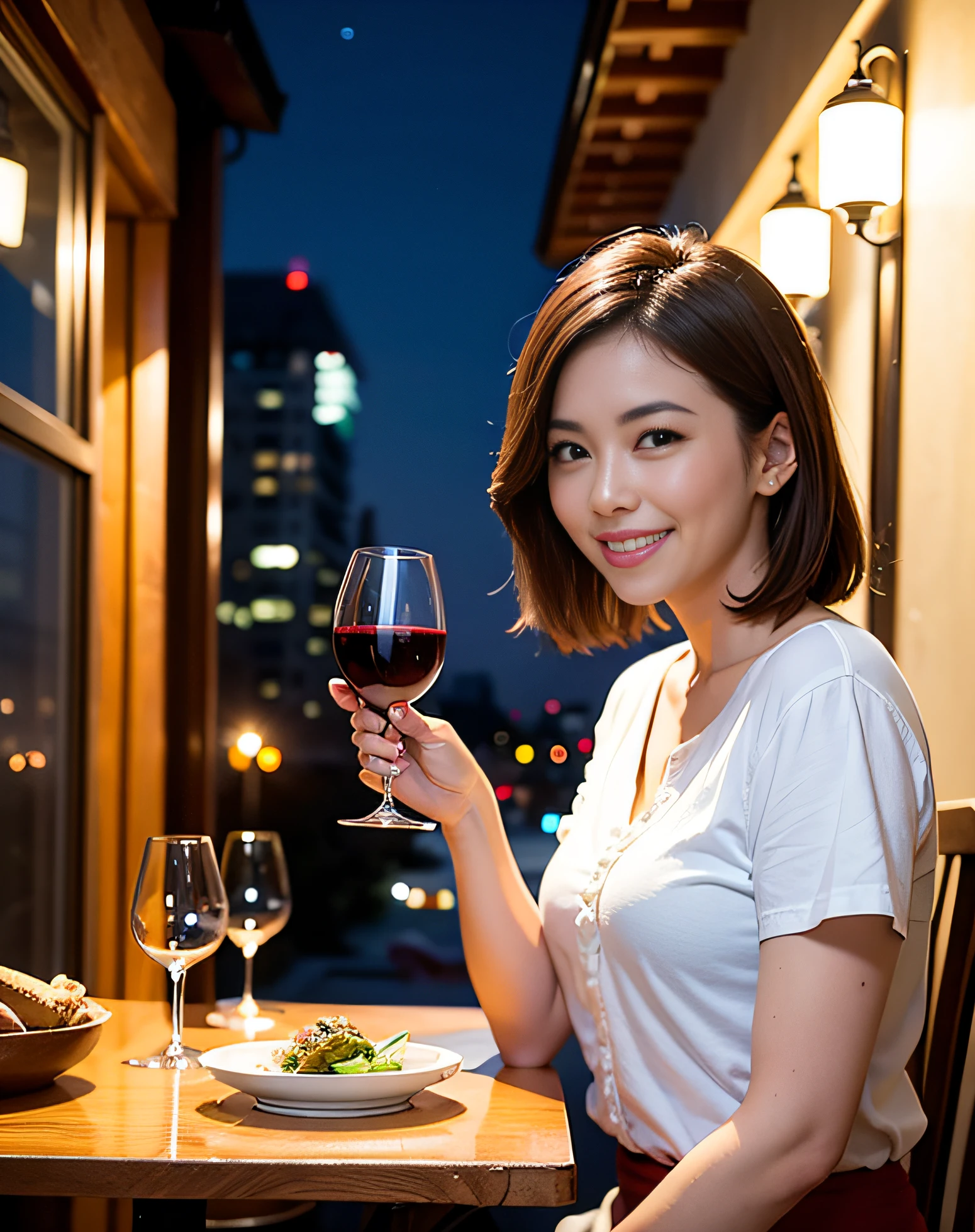 (64K, UHD, top quality, masterpiece: 1.2), (realistic, photorealistic: 1.37), super detailed, pretty woman 1 person, (slim face), (slim body), (brown hair), (short cut), cheeks slightly blushing, (44 years old), 38 years old, solo, beautiful detailed urban night view outside the window, restaurant, wine glasses sit, at night, in a prominent placeNovaFrogStyle, Actress, Model, Waist Up, White Wine, Slim, Wine Glass, Super Clean Night View, Wine Glass Put in the Middle, Happy Smile, (Smile: 1.15), Beautiful Fine Eyes, Upper Body, Bust Japan Up, Night, Short, Short, Actress, Model, Waist Up, White Wine, Slim, Wine Glass, Super Clean Night View, Wine Glass Put in the Middle, Happy Smile,