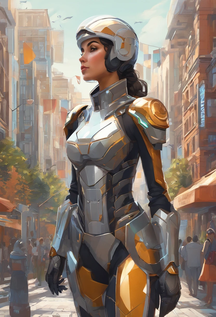 Generate an image of a regular size woman human female with dark hair tied into a bun, she's a solarpunk-inspired eco-street guardian knight in a city street. The guardian wears a futuristic lightweight solar-powered fill-body armor with a golden sheen. a star-shaped crest visible on her chest. Her face is uncovered, revealing her determined expression as she walks among pedestrians. The guardian's presence is proportional to the human scale, not towering over the surroundings, and her armor does not have plants growing out of it. The city around her is a lush, eco-friendly plant-covered metropolis with advanced solar technology seamlessly integrated into the architecture. The guardian embodies the spirit of sustainability and protection in this utopian urban setting.
