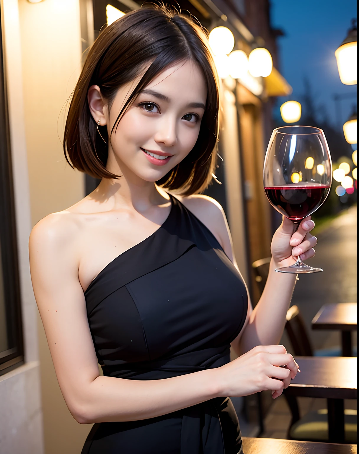 (64K, UHD, top quality, masterpiece: 1.2), (realistic, photorealistic: 1.37), super detailed, pretty woman 1 person, (slim face), (slim body), (brown hair), (short cut), cheeks slightly blushing, (44 years old), 38 years old, solo, beautiful detailed urban night view outside the window, restaurant, wine glasses sit, at night, in a prominent placeNovaFrogStyle, Actress, Model, Waist Up, White Wine, Slim, Wine Glass, Super Clean Night View, Wine Glass Put in the Middle, Happy Smile, (Smile: 1.15), Beautiful Fine Eyes, Upper Body, Bust Japan Up, Night, Short, Short, Actress, Model, Waist Up, White Wine, Slim, Wine Glass, Super Clean Night View, Wine Glass Put in the Middle, Happy Smile,