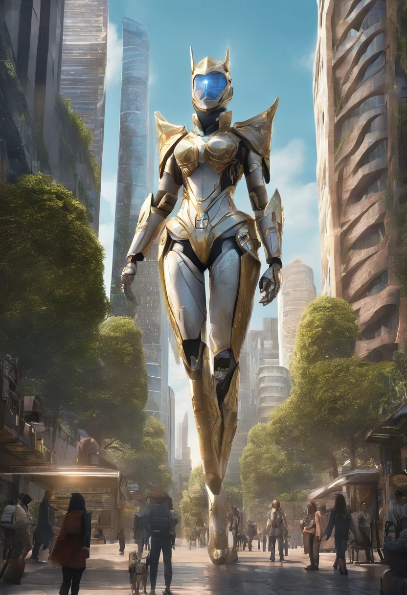 Generate an image of a regular size woman human female with dark hair tied into a bun, she's a solarpunk-inspired eco-street guardian knight in a city street. The guardian wears a futuristic lightweight solar-powered fill-body armor with a golden sheen. a star-shaped crest visible on her chest. Her face is uncovered, revealing her determined expression as she walks among pedestrians. The guardian's presence is proportional to the human scale, not towering over the surroundings, and her armor does not have plants growing out of it. The city around her is a lush, eco-friendly plant-covered metropolis with advanced solar technology seamlessly integrated into the architecture. The guardian embodies the spirit of sustainability and protection in this utopian urban setting.