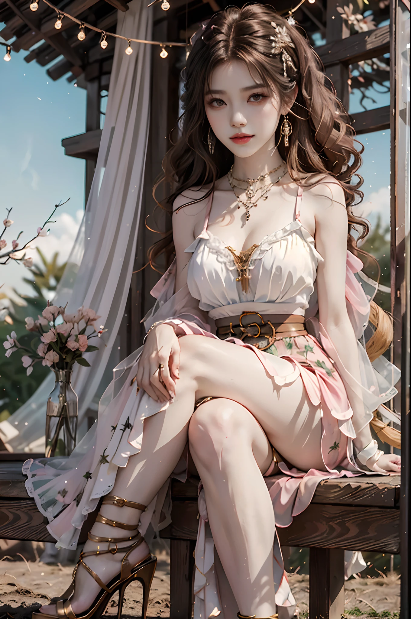 ((upper body)), ((realistic)), ((from side)), (Close up), 1 Asian female model, A young girl, the night, starrysky, (In the gazebo, Sit Pose, Cross ed leg, leaning against pillars), pretty pose, Eye-catching poses, Detailed scenes, Coiled hair, (Hairpins, Beautiful hair accessories), Brownish-yellow hair, light make-up, Blushlush, pretty legs, ((period costume, high-waist, Nice belt, high-heels)), (verde claro: 1.1, in pink: 1.2, white colors: 1.4), ((warm lights, a warm color palette)), (Extremely high color saturation), Detailed details, ultra-detailliert, (tmasterpiece, best qualtiy), (An extremely delicate and beautiful work), Delicate earrings, Delicate necklace, Simple blurred background, Extreme detail description, Ultra-fine painting, Delicate face, slim toned body, Slimming the waist, ssmile, (anatomy correct)