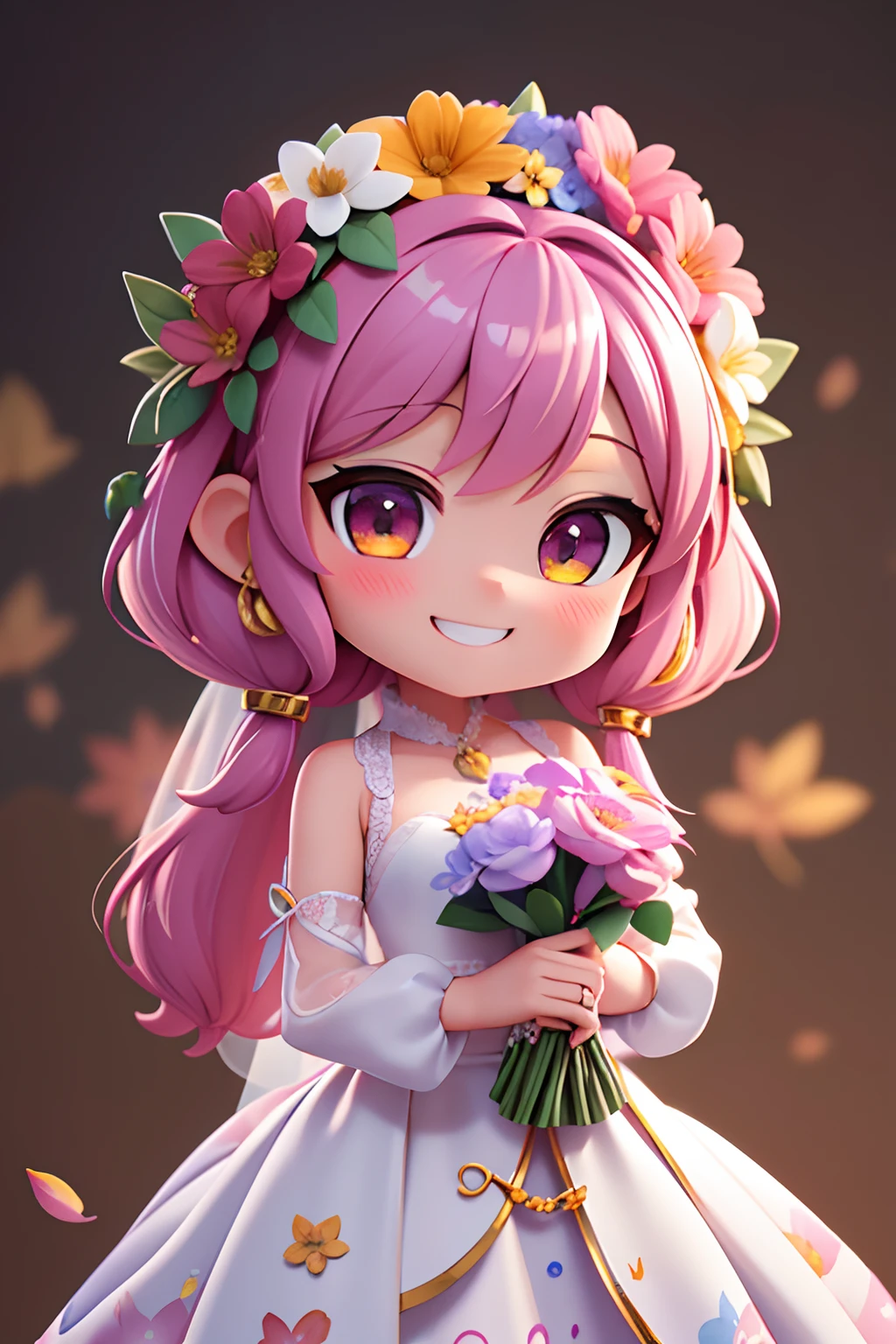 photoRealstic、Nendroids in wedding dress standing in front of the painting、A smile、watercolor Nendoroid、(High Definition Figure)、Flowing iridescent silk、up of face、Eye Up、Colorcon with heart pattern、Floral dress、There are also flowers in front of the nendroids、flower petals、season!!: 夏天☀ 🍂